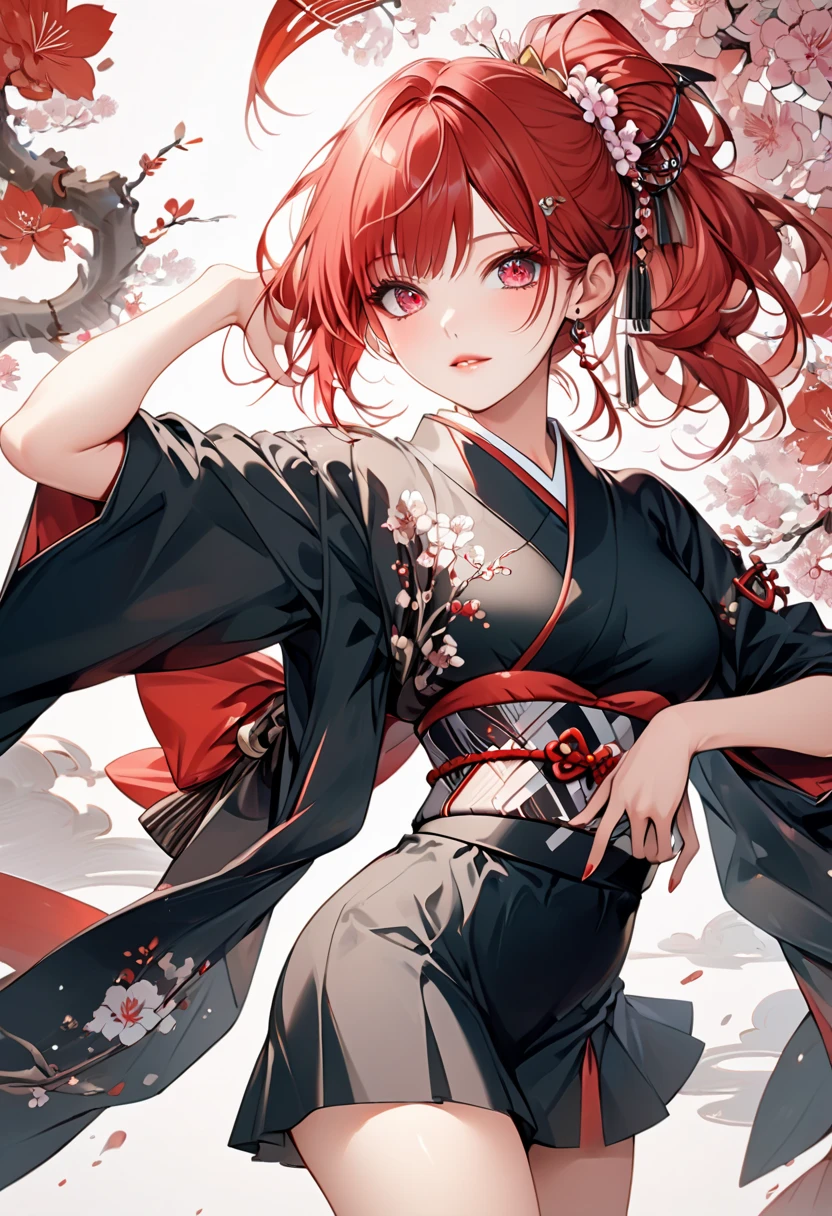  desktop ,  top quality, shape,  very detailed,  exquisite,  high definition ,  simple background, beautiful girl, very beautiful detailed eyes and faces, 30 year old Korean woman, medium chest ,  Sexy Poses ,( side composition:1.3),kimono, miniskirt,bold  Sexy Poses , red hair ,Asymmetrical Hair,background Japanese pattern wall ,--chaos 90 --ar 3 :4 --sref 4220520078 --personalize dg2k8l2 --v 6.1