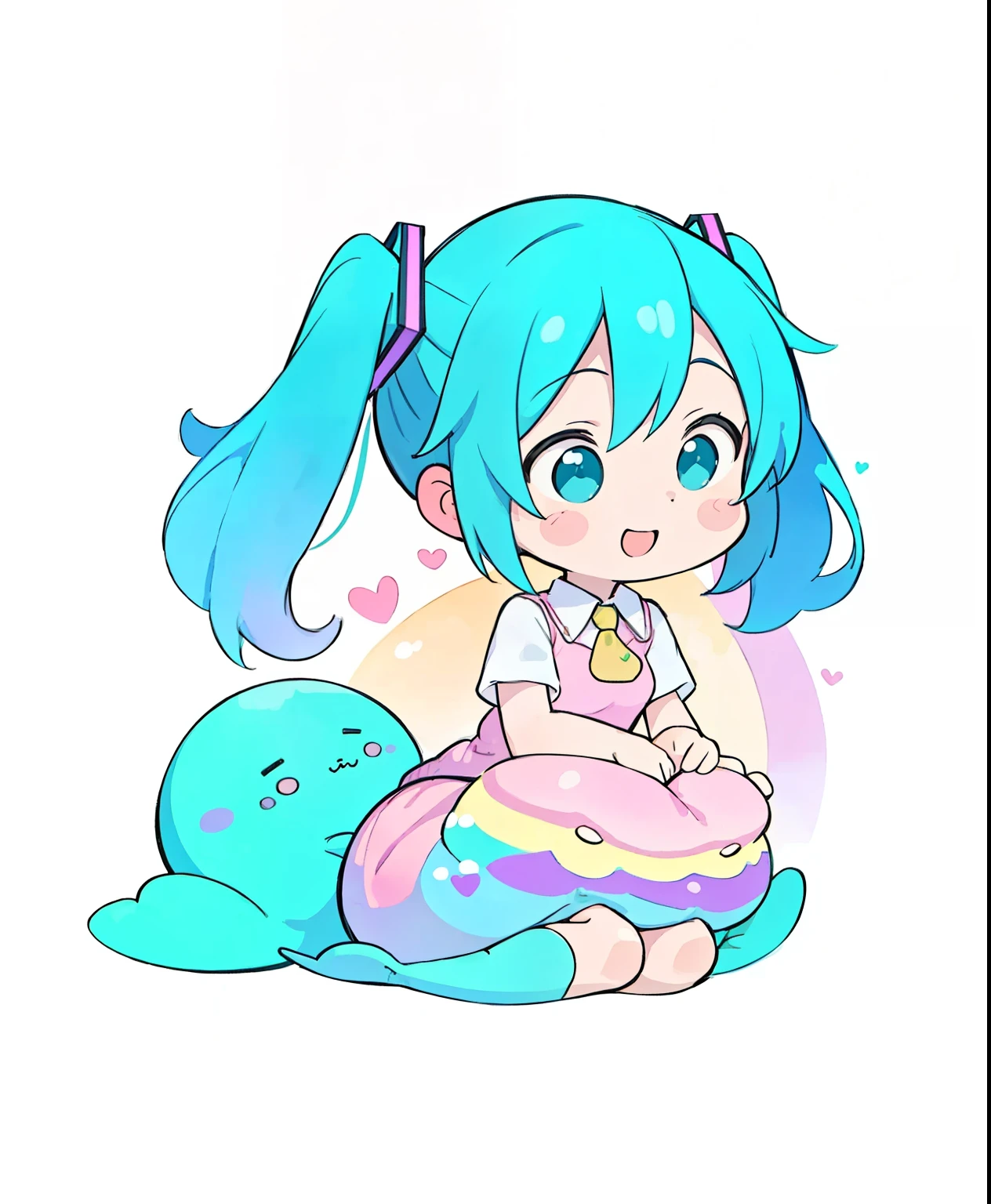(Masterpiece、  Top Quality  、  Top Quality  、  Official Art、 beautiful beautiful:1.2)、(1 person:1.3)  Hatsune Miku  、  Twin Tails,  beautiful breasts, ( chibi:1.3),  best quality , Masterpiece,  very detailed, Cute,
BREAK 1girl, Alone,  happy ,   Cute Aesthetic Illustration  ,   Stylized Digital Art  ,   Abstract Colorful Paint Style,
Simple Background,
 BREAK Mermaid Girl  ,  Medium Breasts, ( Pastel Rainbow Hair :1.27628)
BREAK Abstract art ,  holding,  Heart Cushion , [green| pink:1.1]
 Blake Galaxy ,   white background ,  splash art,  Official Art, Cheek sticker , ( Thick White Outline :1.1)