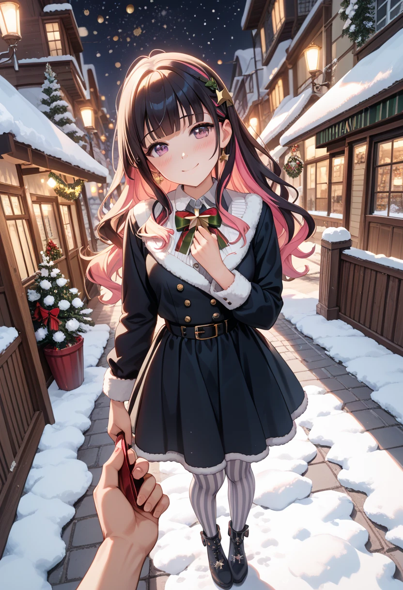 1girl, senajuo2idol, yumas6 dress, yumas6 gloves, yumas6 ankle boots, yu6 vertical-striped thighhighs, smile,shy, blush, standing, head tilt,multicolored hair,looking at viewer,upper body,holding the viewer's hand,steam,1girl, pov hand,outdoor, Christmas street,Dutch angle,star night,soft lighting,snow,masterpiece, best quality, newest, absurdres, highres, nsfw,