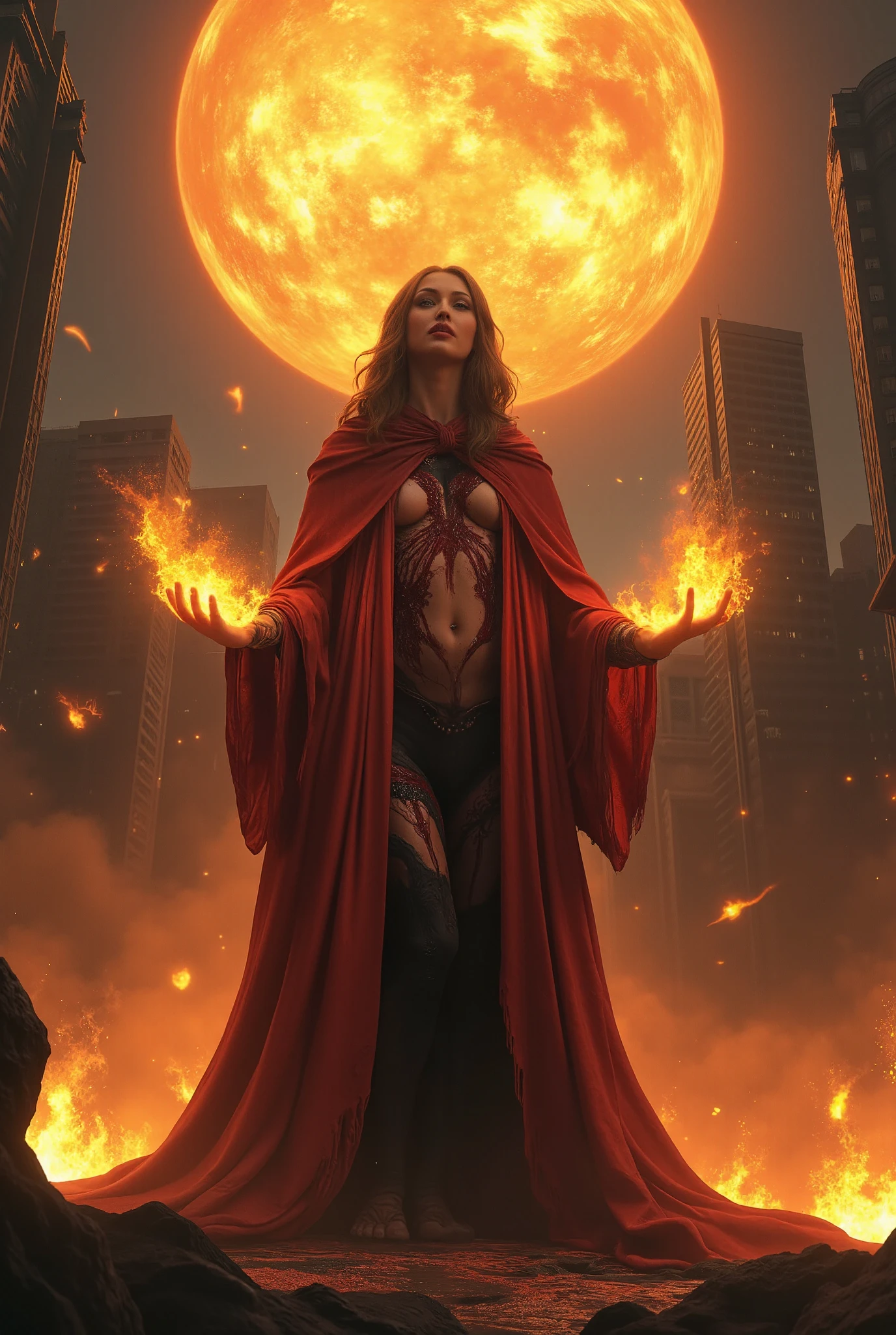 (Feminine Digital Artwork:1.3) of (Ultra detailed:1.3),(Fearful:1.3) one woman sorceress wearing a cosmic cape, she possesses a terrifying beauty (charming face, beautiful face:1.6)(perfect figure,  perfect Melons). Behind her is a city  . Above her head, a floating ball of fire illuminates the surroundings and spreads terror. A sorceress is raising fire from the ground with her hands, as if she is pulling something from both sides of her body, Fire is rising from the ground, drawing a spiral path around her body, with flames erupting from her palms. by malcolm liepke,(by Artist Jeremy Lipking:1.3),(by Artist WLOP:1.3),(by Artist Adam Hughes:1.3),CGSociety,ArtStation,(Art Photography:1.3),monster,ugly,surgery,evisceration,morbid,cut,open,rotten,mutilated,deformed,disfigured,malformed,missing limbs,extra limbs,bloody,slimy,goo,Richard Estes,Audrey Flack,Ralph Goings,Robert Bechtle,Tomasz Alen Kopera,H.R.Giger,Joel Boucquemont,ArtStation,DeviantArt contest winner,thematic background