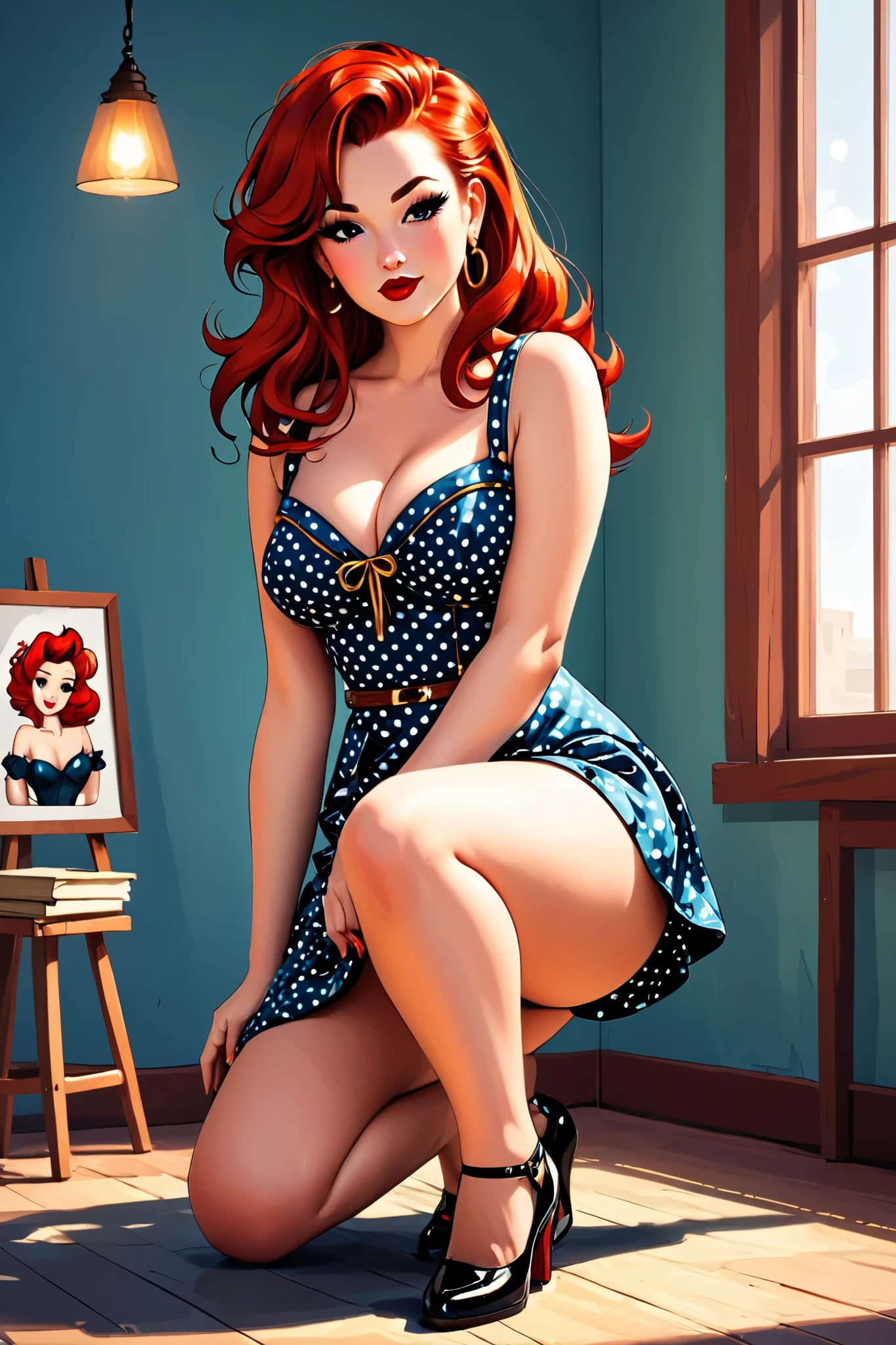 Rockabilly pin up art style. Red hair woman. On her knees. Polkadot dress. Less cleavage. Artistic. Plus size. Thick thighs. No cleavage. Smaller boobs. On knees. Hands on knees. Sketch style. Artistic style.