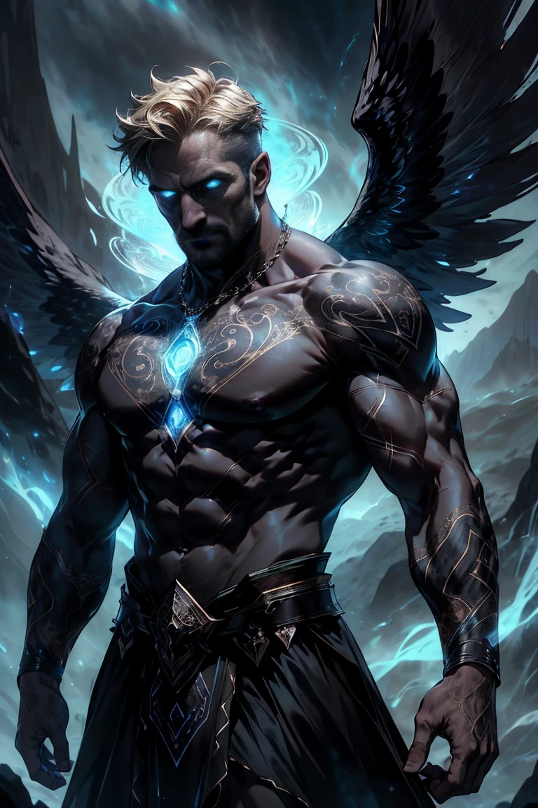 (masterpiece, realistic, best quality, (beautiful and aesthetic:1.4), extremely detailed), (dark fantasy:1.4) (rough male dark mage, (35 years old), short blond hair, unshaved, blue eyes),( (arms covered by incarnate runic pattern tattoo:1.3)), (glowing runes:1.4), covered in scars, sleeveless, ((demonized hand, detailed glowing eyes, casting spell)), (in underworld, hell, dark scene), standing in dark shadow, dynamic pose, (dark blue theme:1.3), (blue energy magic swirling around:1.3), cinematic lighting, r1ge, GlowingRunes_paleblue, dark blue glow, cracks, glowing cracks, cracked skin, shattered skin, fractured skin, broken skin, detailed face, (detailed weathered skin), (solo:1.3), (1male:1.4), (elegant, intricate, digital photography, high quality, CG, 4k, extremely detailed, sharp, HDR),