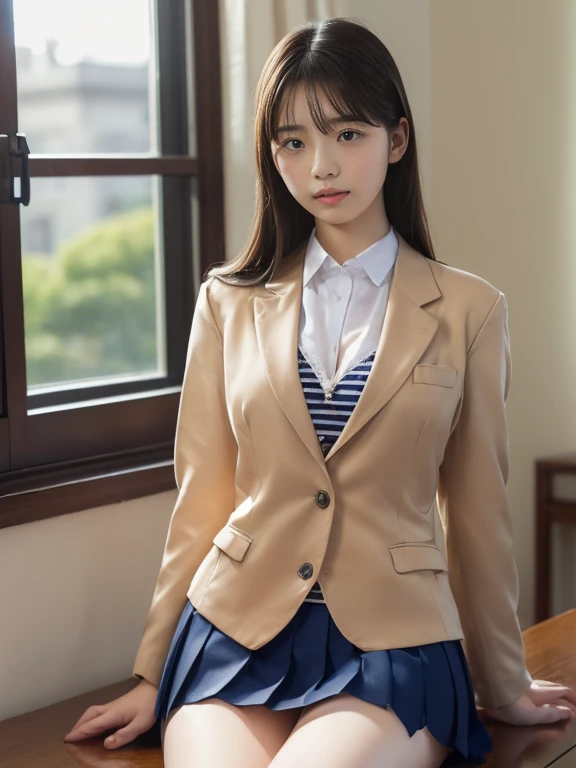 ((masterpiece)),(((best quality))),thin thighs,long legs,girl standing in school,red tie uniform,dark blue blazer,blue plaid skirt,18 years old,forehead,small smile,random pause，Pretty Woman，slim girl，