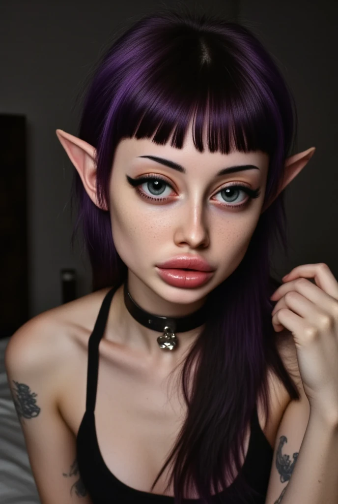 porn girls,Naked,topless ,Latex collar ,young girl 18 years,  no mask cute young face,The face is watching ,  purple hair ,ponytail, black eyes,, sitting in bed,lolita,jung, Face like a  ,Long and wide hairy elf ears,real nipples,See tits, stups nase,,blushes face with pleasure 