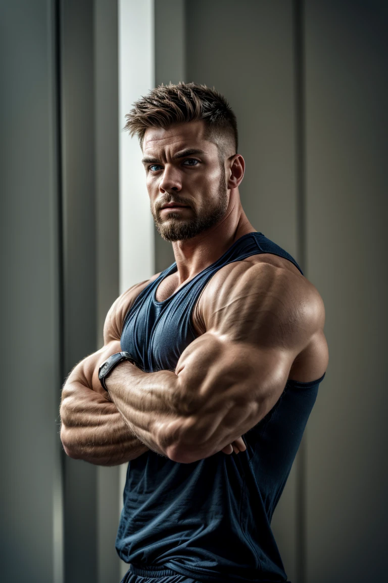 There was a man standing in the water with his hands up, The background is flames,exaggerated muscle physique, exaggerated physique, bodybuilder physique, absurdly muscular physique, big wide wide strong physique |, bursting with muscles, fit physique, chiseled muscles, Lean and muscular, Born with a constitution, slender and muscular build, Ripped, chiseled abs, Shredded