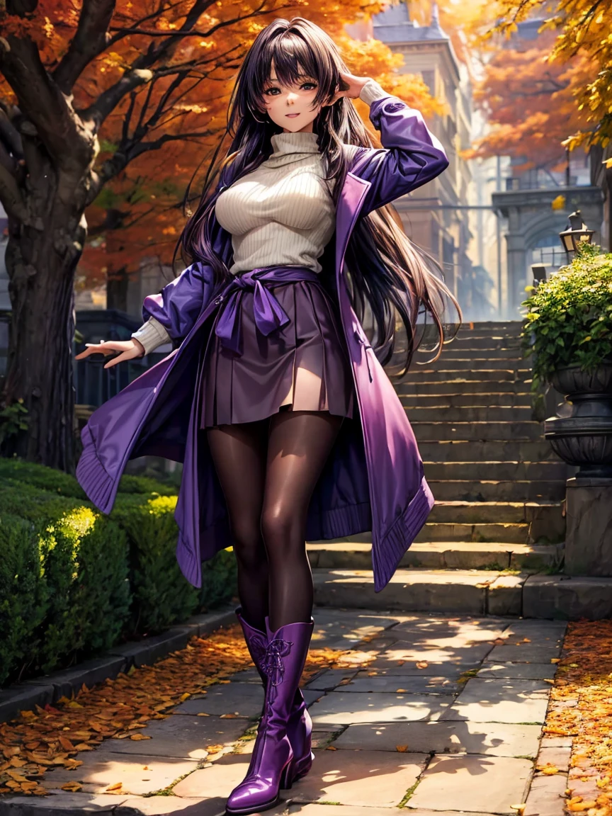 ((( best quality )))、((('s greatest masterpiece)))、Beauty Painting、 8k 、 Ultra High Quality、1 Female: perfect anatomy, Age 20、  beautiful body、  beautiful breasts、  beautiful faces:smile、 best skin and hair texture  、(( sweater 、purple long coat、 skirt 、tights、 boots))、Beautiful park:Autumn leaves tree、Stone steps、 natural light、 high resolution images、 full picture、