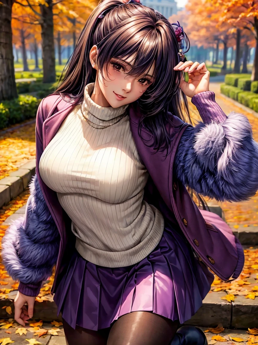 ((( best quality )))、((('s greatest masterpiece)))、Beauty Painting、 8k 、 Ultra High Quality、1 Female: perfect anatomy, Age 20、  beautiful body、  beautiful breasts、  beautiful faces:smile、 best skin and hair texture  、(( sweater 、purple long coat、 skirt 、tights、 boots))、Beautiful park:Autumn leaves tree、Stone steps、 natural light、 high resolution images、 full picture、