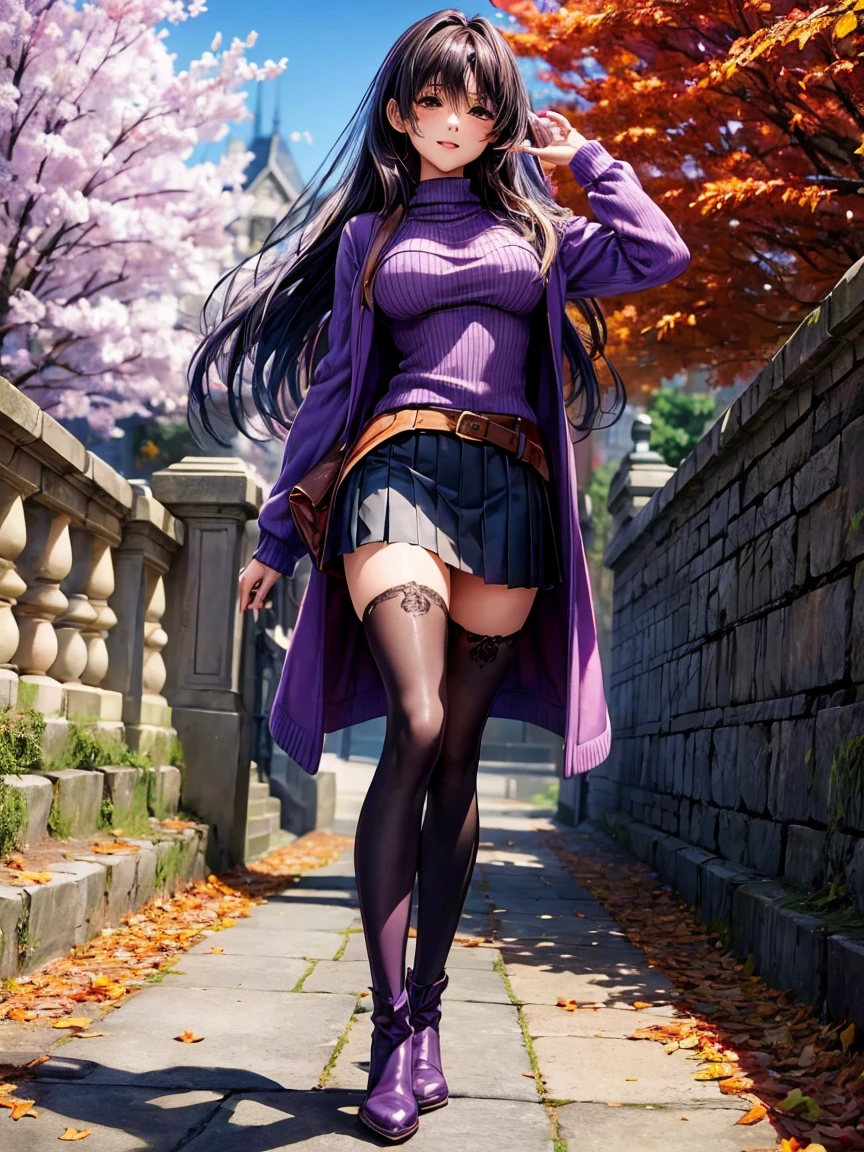 ((( best quality )))、((('s greatest masterpiece)))、Beauty Painting、 8k 、 Ultra High Quality、1 Female: perfect anatomy, Age 20、  beautiful body、  beautiful breasts、  beautiful faces:smile、 best skin and hair texture  、(( sweater 、purple long coat、 skirt 、tights、 boots))、Beautiful park:Autumn leaves tree、Stone steps、 natural light、 high resolution images、 full picture、