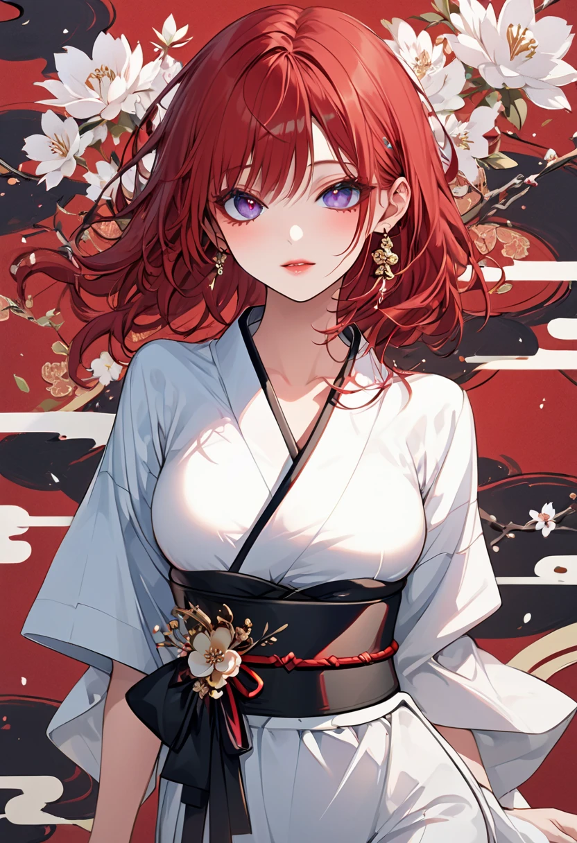  desktop ,  top quality, shape,  very detailed,  exquisite,  high definition ,  simple background, beautiful girl, very beautiful detailed eyes and faces, 30 year old Korean woman, medium chest ,  Sexy Poses ,( side composition:1.3),kimono,bold  Sexy Poses , red hair ,Asymmetrical Hair,background Japanese pattern wall ,--chaos 90 --ar 3 :4 --sref 4220520078 --personalize dg2k8l2 --v 6.1