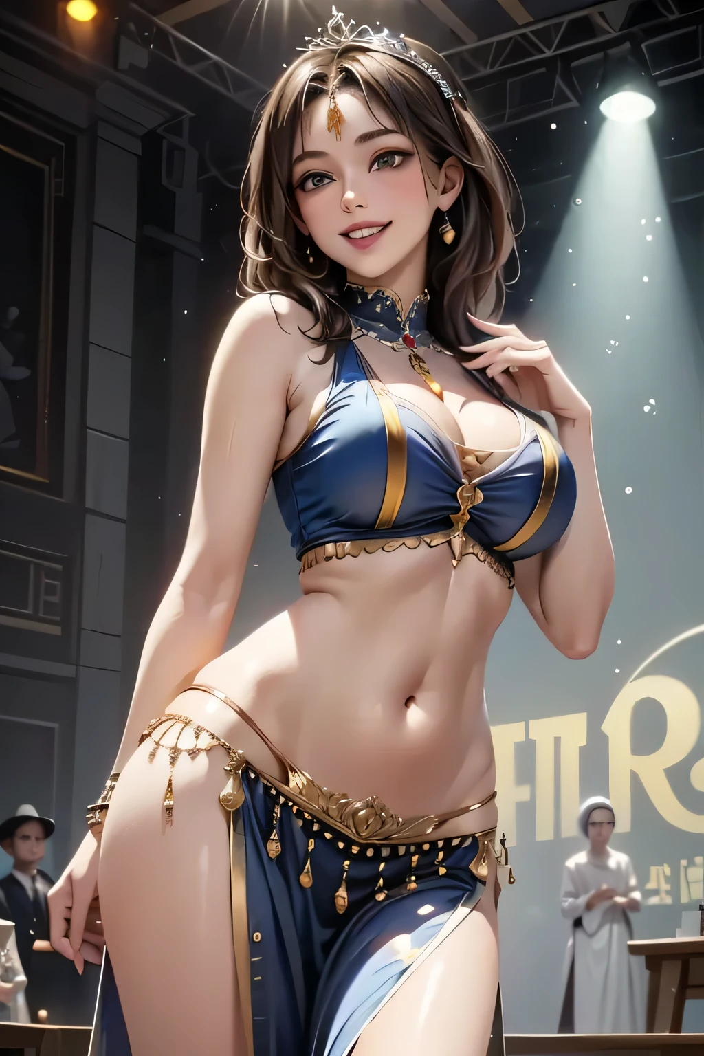 A stunning and captivating 3D render illustration of an anime-inspired, voluptuous and slim belly dancer, with busty and alluring features. She wears a dazzling outfit adorned with intricate patterns and vibrant colors, fitting perfectly with the exotic atmosphere of the fantasy tavern. The tavern itself boasts elaborate decorations, showcasing a perfect blend of architecture and fashion. The sexy woman moves gracefully, her every movement drawing the eye and creating a mesmerizing spectacle for the fantasy patrons., 3d render, architecture, anime, fashion, illustration