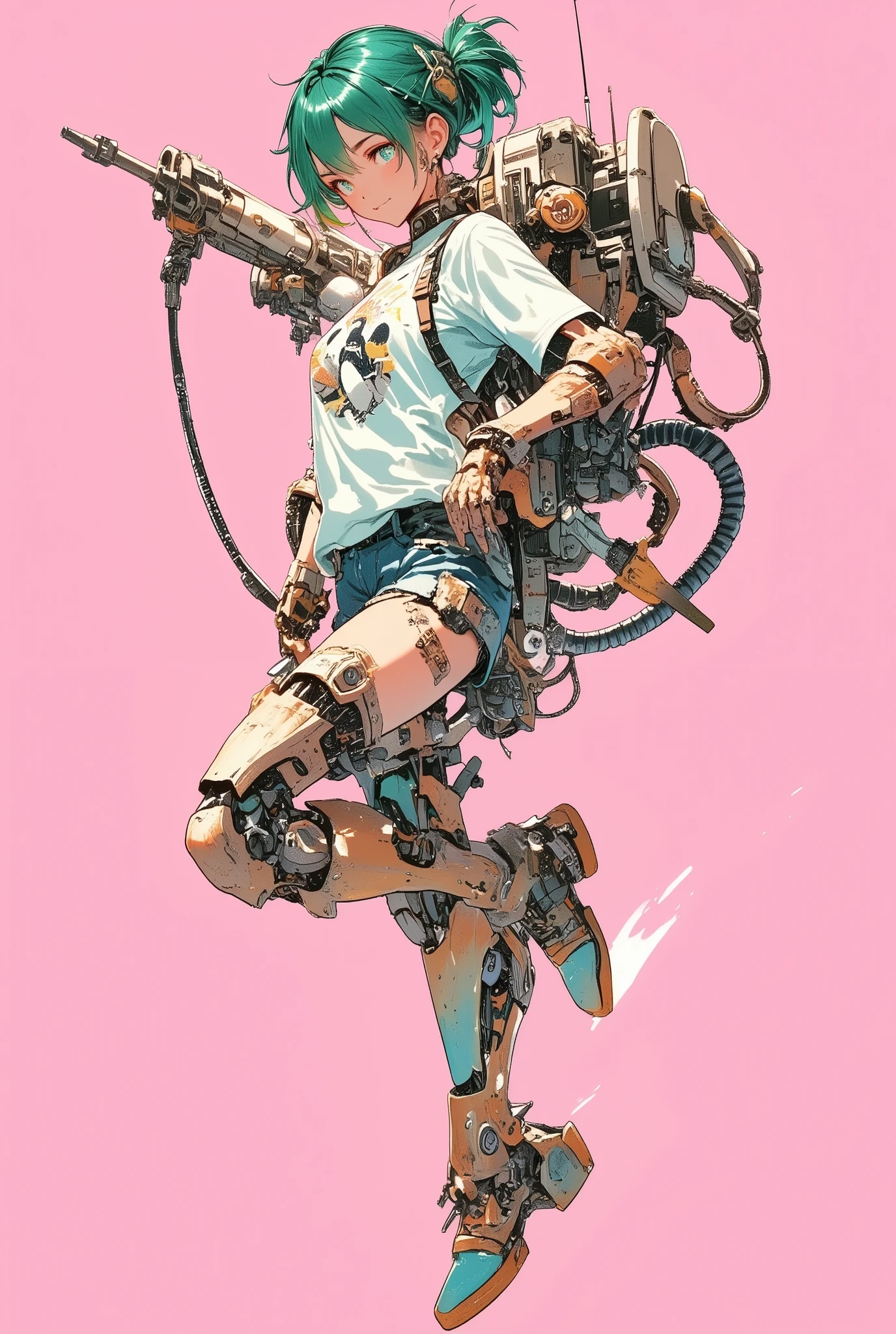 Mechanical Hair Ornament, full-length portrait or statue, Girl with heavy machine on her back, Abatomically Correct, Girl wearing knickerbockers on android legs, full body, Shirt with penguin illustration, Pink Almond Background, Pink Background, Peacock Green Hair, Girl equipped with Rocket Launcher, Masterpiece, The moment the girl is about to kick the ground and fly, Woman with android-like legs, Tachi-e, High Resolution, Character Design, Ahoge, Super Detailed, Modern, Bright Pupils, Earrings, Asymmetrical Hair, Solo, 1girl, Gradient Hair, Very Pretty Lady, Open Mouth, Flexible and Very Nice Body, Smile, Green Hair, Action Painting, Multicolored Eyes, Raised Eyebrows, Colored Eyelashes, Pupils Sparkling, Naughty