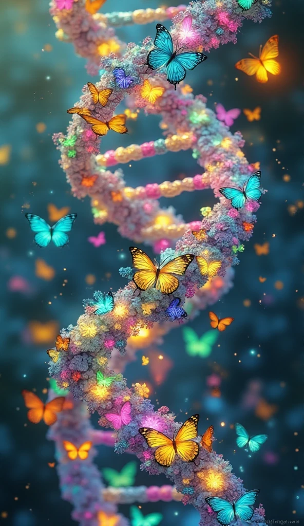 a vibrant and magical DNA helix entirely composed of colorful, glowing butterflies. Each butterfly forms a segment of the double helix, with their wings fluttering softly to suggest movement and life. The butterflies are unique in color and pattern, blending shades of iridescent blues, pinks, yellows, and greens. The background is ethereal and soft, with hints of glowing light and pastel hues, adding to the enchanting and artistic atmosphere of the scene.