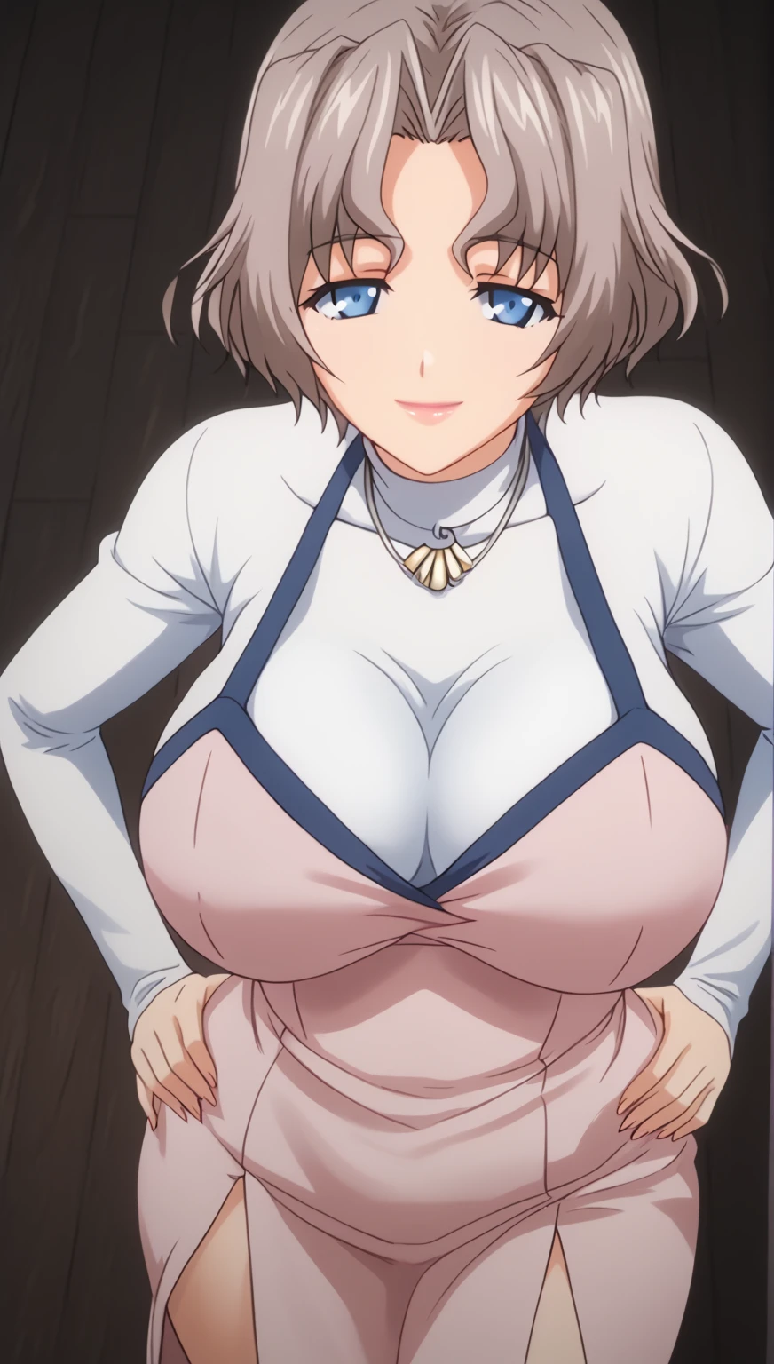 RyoukoYanagi ,  short hair,  gray hair , Blue eyes, Big breasts,  moon dress under her mouth , makeabove,  lipstick,  Ryouko , jewelry, collar, Pink apron, Love, white turtleneck,  looking at the viewer ,  closed mouth , smile,   hands on her own hips,, 16K,  masterpiece, absurdo,  highly detailed , highres,  high quality,  better quality,  score_9,  score_8_above,  score_7_above,  score_6_above,  round,  round skin,  round hair