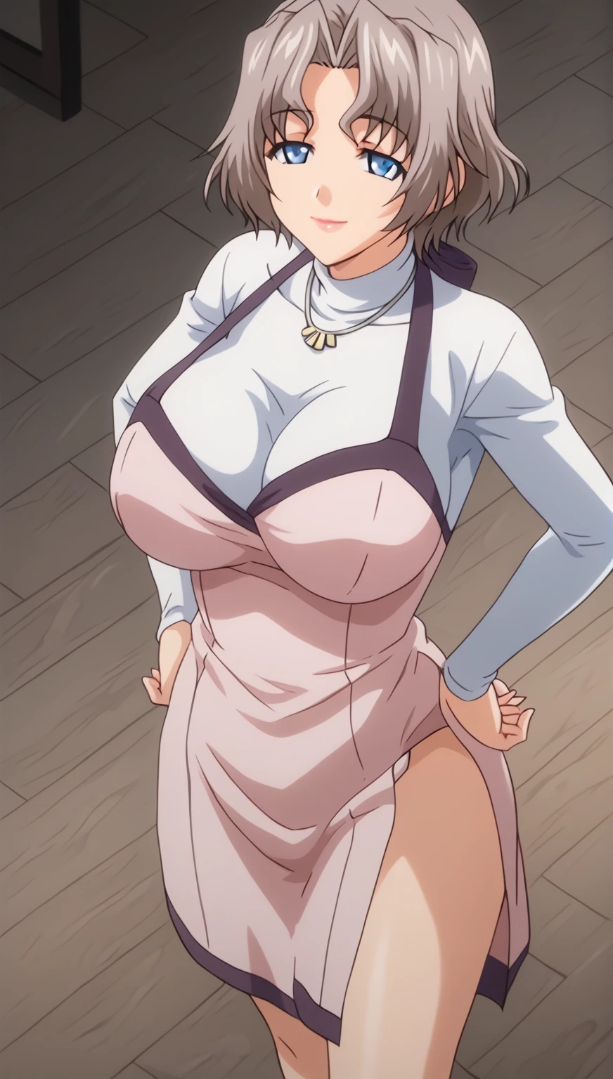 RyoukoYanagi ,  short hair,  gray hair , Blue eyes, Big breasts,  moon dress under her mouth , makeabove,  lipstick,  Ryouko , jewelry, collar, Pink apron, Love, white turtleneck,  looking at the viewer ,  closed mouth , smile,   hands on her own hips,, 16K,  masterpiece, absurdo,  highly detailed , highres,  high quality,  better quality,  score_9,  score_8_above,  score_7_above,  score_6_above,  round,  round skin,  round hair