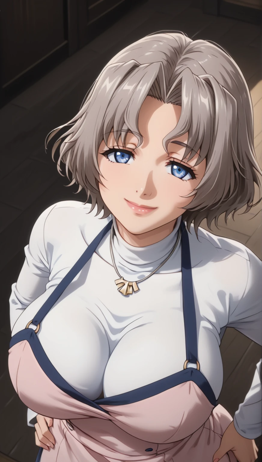 RyoukoYanagi ,  short hair,  gray hair , Blue eyes, Big breasts,  moon dress under her mouth , makeabove,  lipstick,  Ryouko , jewelry, collar, Pink apron, Love, white turtleneck,  looking at the viewer ,  closed mouth , smile,   hands on her own hips,, 16K,  masterpiece, absurdo,  highly detailed , highres,  high quality,  better quality,  score_9,  score_8_above,  score_7_above,  score_6_above,  round,  round skin,  round hair