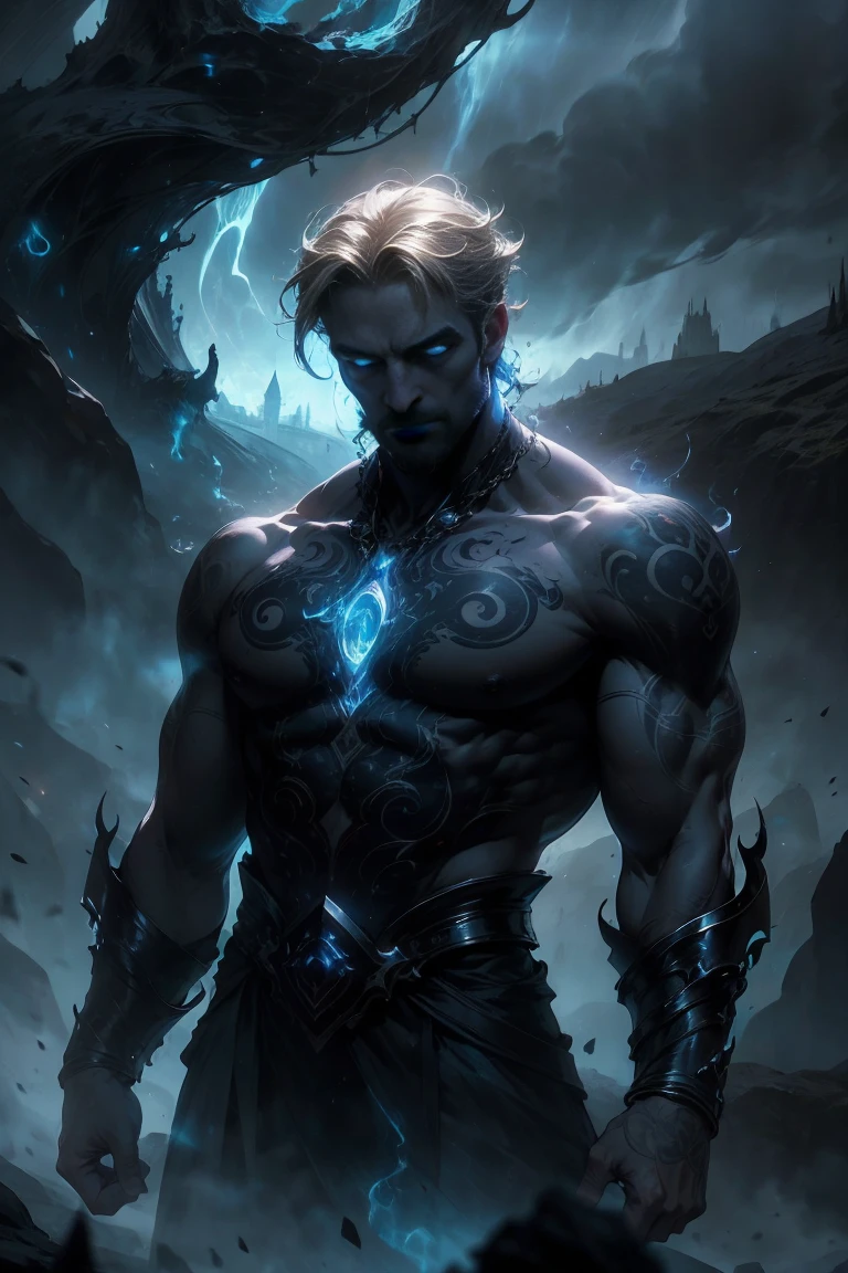 (masterpiece, realistic, best quality, (beautiful and aesthetic:1.4), extremely detailed), (dark fantasy:1.4) (rough male dark mage, (35 years old), short blond hair, unshaved, blue eyes), ((glowing incarnate runic pattern tattoos on arms:1.5)), covered in scars, sleeveless, ((demonized hand, detailed glowing eyes)), (in underworld, hell, dark scene), dynamic pose, standing in dark shadow, (dark blue theme:1.3), (blue energy magic swirling around:1.3), cinematic lighting, dark blue glow, glowing cracks, detailed face, (detailed weathered skin), (solo:1.3), (1boy:1.4), cracked skin, shattered skin, fractured skin, broken skin, r1ge, GlowingRunes_paleblue, (elegant, intricate, digital photography, high quality, CG, 4k, extremely detailed, sharp, HDR),