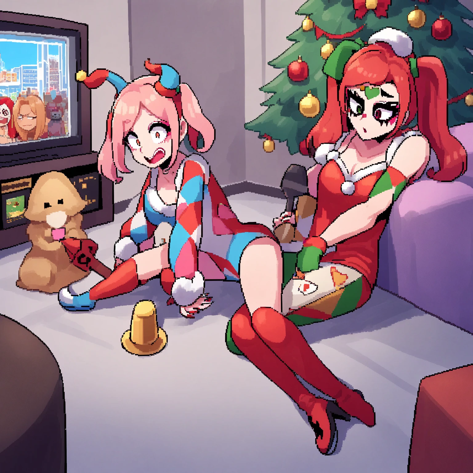 1girl, short stature, slender body, pale white skin, ((short white hair)), ice-blue eyes, rosy cheeks, slightly androgynous, small breasts, holiday hat, wearing ((clothes made of wrapping paper)), extremely large candy cane, licking candy cane, youth, (fireplace), glass of milk, plate of cookies