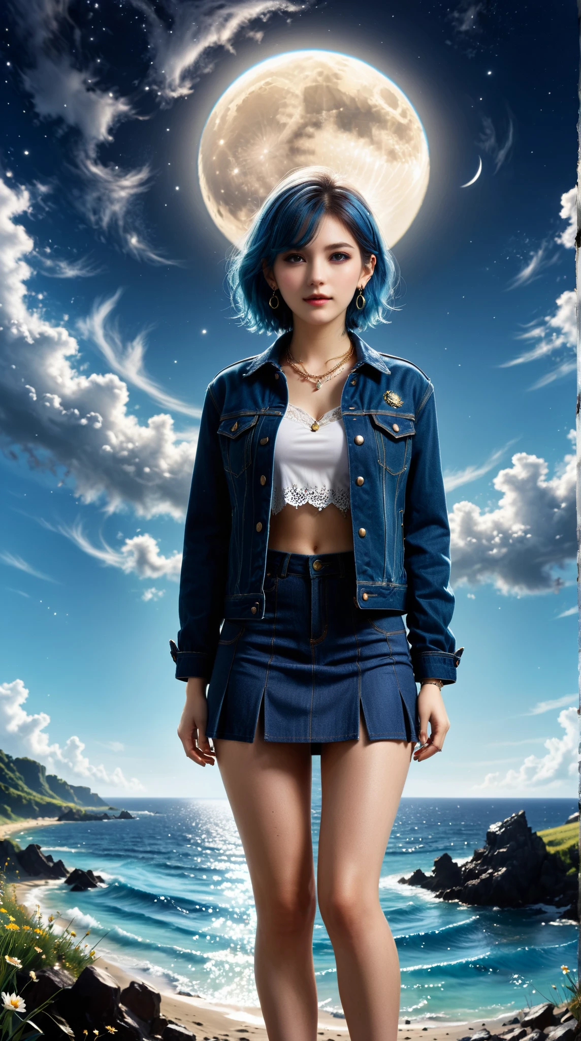 Country style,  1girl , solo,  looking at audience , short hair, skirt,  Brown hair , shirt, jewelry,  blue hair, clavicle, jacket, 白shirt, ahoge, earrings,  open clothes , necklace, Bracelet, 開放的jacket,黑色jacket、Separated from the sea 、petal、Dutch Cape、 Night flower field、moon、wind、 architecture、full moon、Denim jacket