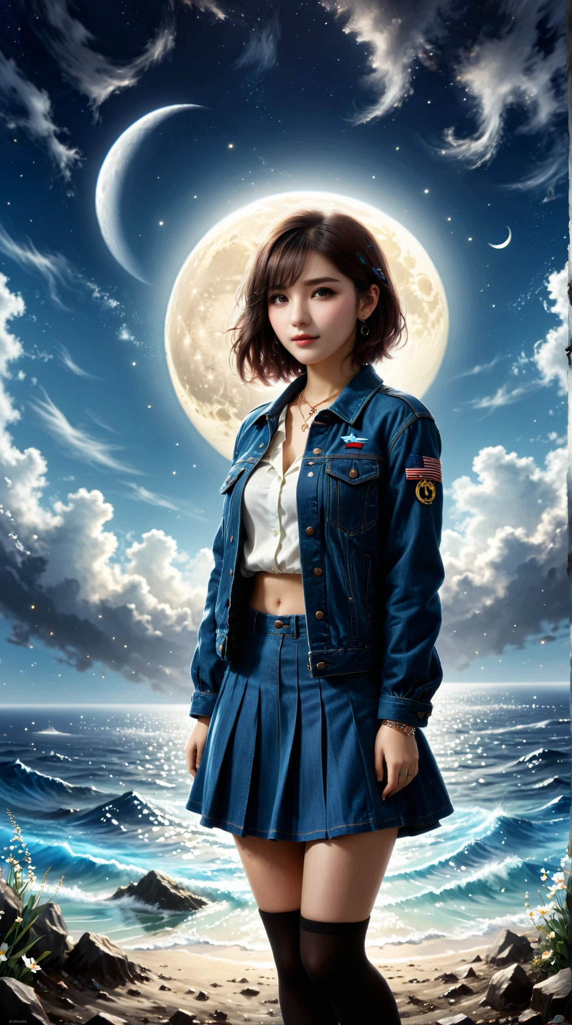 Country style,  1girl , solo,  looking at audience , short hair, skirt,  Brown hair , shirt, jewelry,  blue hair, clavicle, jacket, 白shirt, ahoge, earrings,  open clothes , necklace, Bracelet, 開放的jacket,黑色jacket、Separated from the sea 、petal、Dutch Cape、 Night flower field、moon、wind、 architecture、full moon、Denim jacket