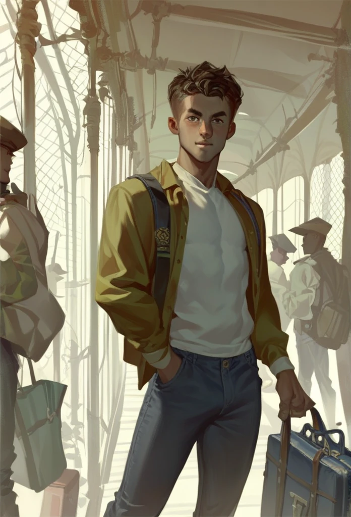  young teenager.  white skin .  brown hair ,  wearing a military shirt and black jeans. He's at the train station . holding a suitcase. 