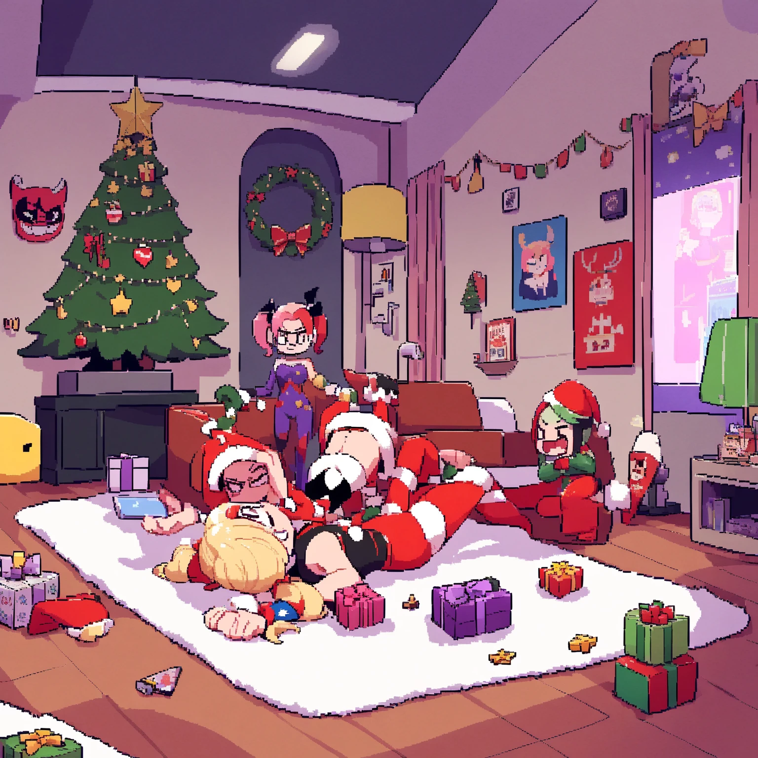 Imagine a SNES game, 8 bit theater, Harley quinn (cute woman, tight jester outfit, big hammer) has just knocked Santa claus unconscious and is acting cute and confused, Christmas living room, b 8it styling and design
