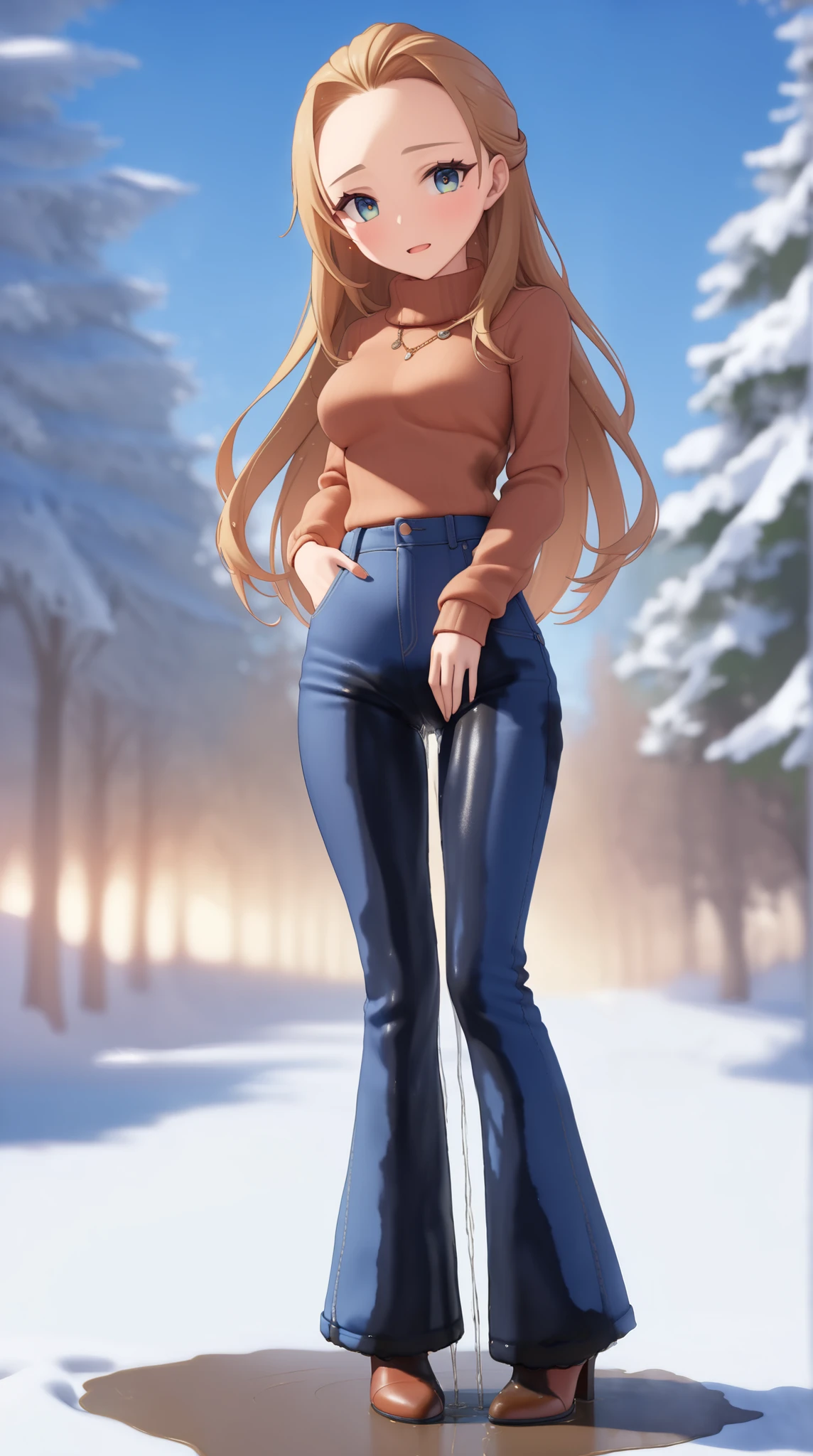 A youthful female with dazzling eyes and lovely long hair with perfect body:1.1 and medium breast is standing and (wetting herself:1.5). She is wearing a blue flared bellbottom jeans and casual winter outfit. Outdoor setting in winter. Fashion photography. Looking at viewer in relief. (Best quality. Masterpiece:1.3. 16K. Detailed. Ultra high resolution). Soft natural lighting. Highly detailed face and skin texture. Detailed eyes. (Deep focus). Full body picture:1.0. Forehead.