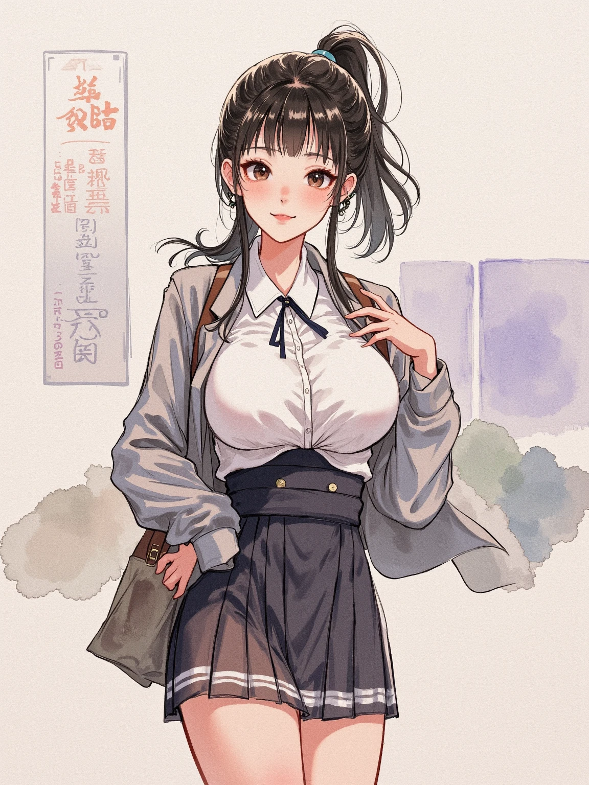 watercolor， large-scale smudging ，Gradient，illustration，illustration，cute， mature， Chinese style，gorgeous，grace，Full of creativity ，pride, Quality masterpiece, Incredibly absurdres, Anatomically correct, Huge breasts, Young female BREAK Low-angle view, Looking away, Locker room, School uniform, blazer, Cardigan, Jacket, Long sleeves, Pleated skirt, White shirt, Undressing, Half undress, Partially undressed, Show off bra, Sexy，charming， overall color uniformity， art，advanced， painting design 