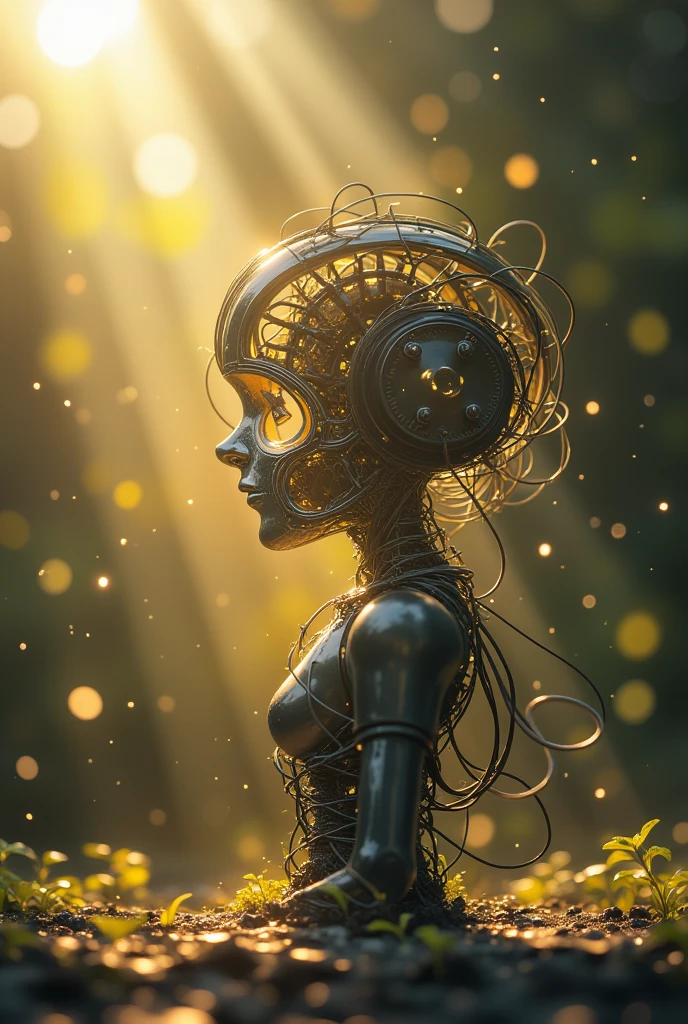   intricate mechanical parts and wires made from the side view of a wired cyborg,  Light passes through a desolate head  ,  Silhouete made of wires and cables  , Moody,  Golden Time Shines ,  On volumetric lighting 