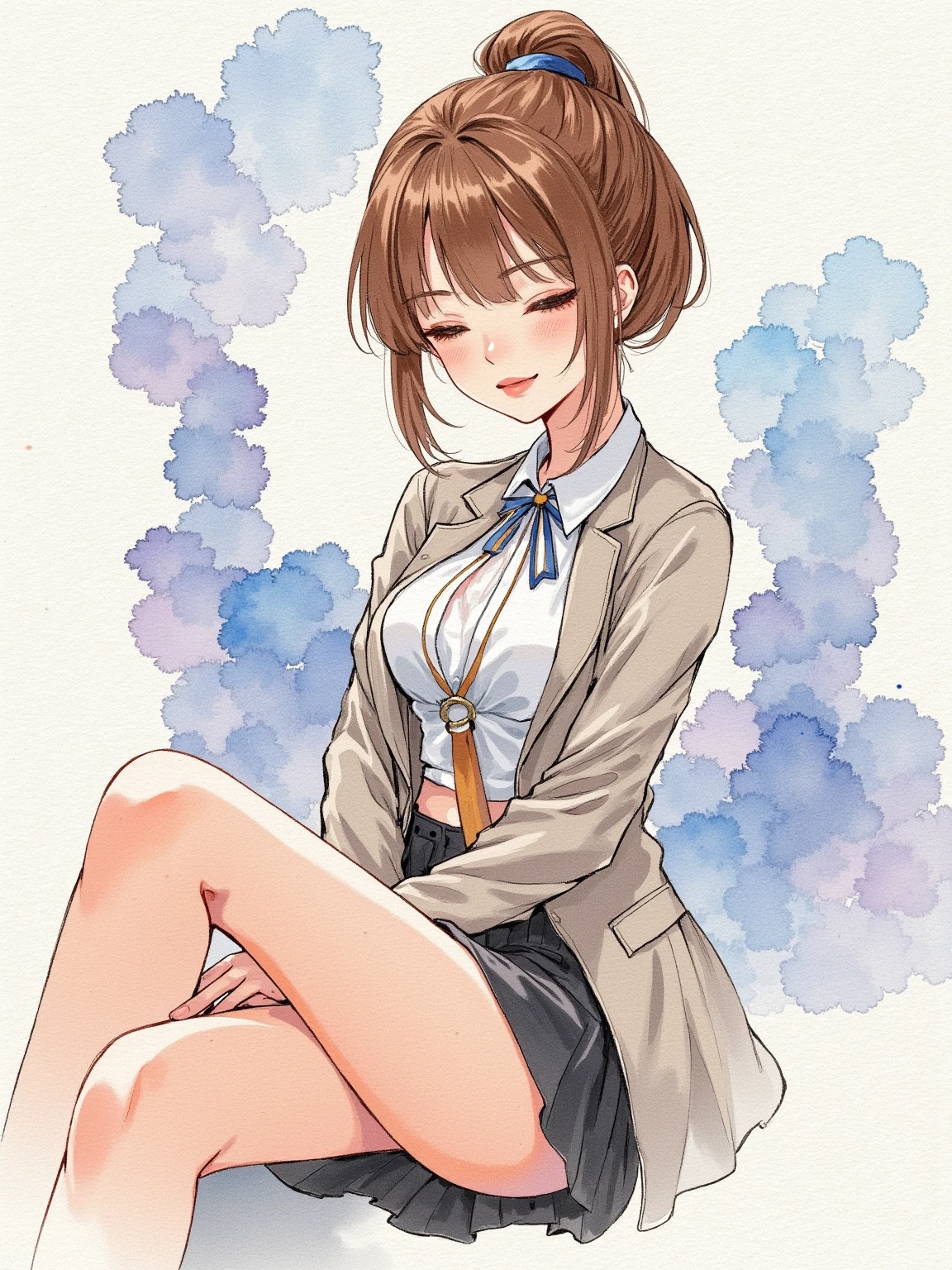 watercolor， large-scale smudging ，Gradient，illustration，illustration，cute， mature， Chinese style，gorgeous，grace，Full of creativity ，pride, Quality masterpiece, Incredibly absurdres, Anatomically correct, Huge breasts, Young female BREAK Low-angle view, Looking away, Locker room, School uniform, blazer, Cardigan, Jacket, Long sleeves, Pleated skirt, White shirt, Undressing, Half undress, Partially undressed, Show off bra, Sexy，charming， overall color uniformity， art，advanced， painting design 