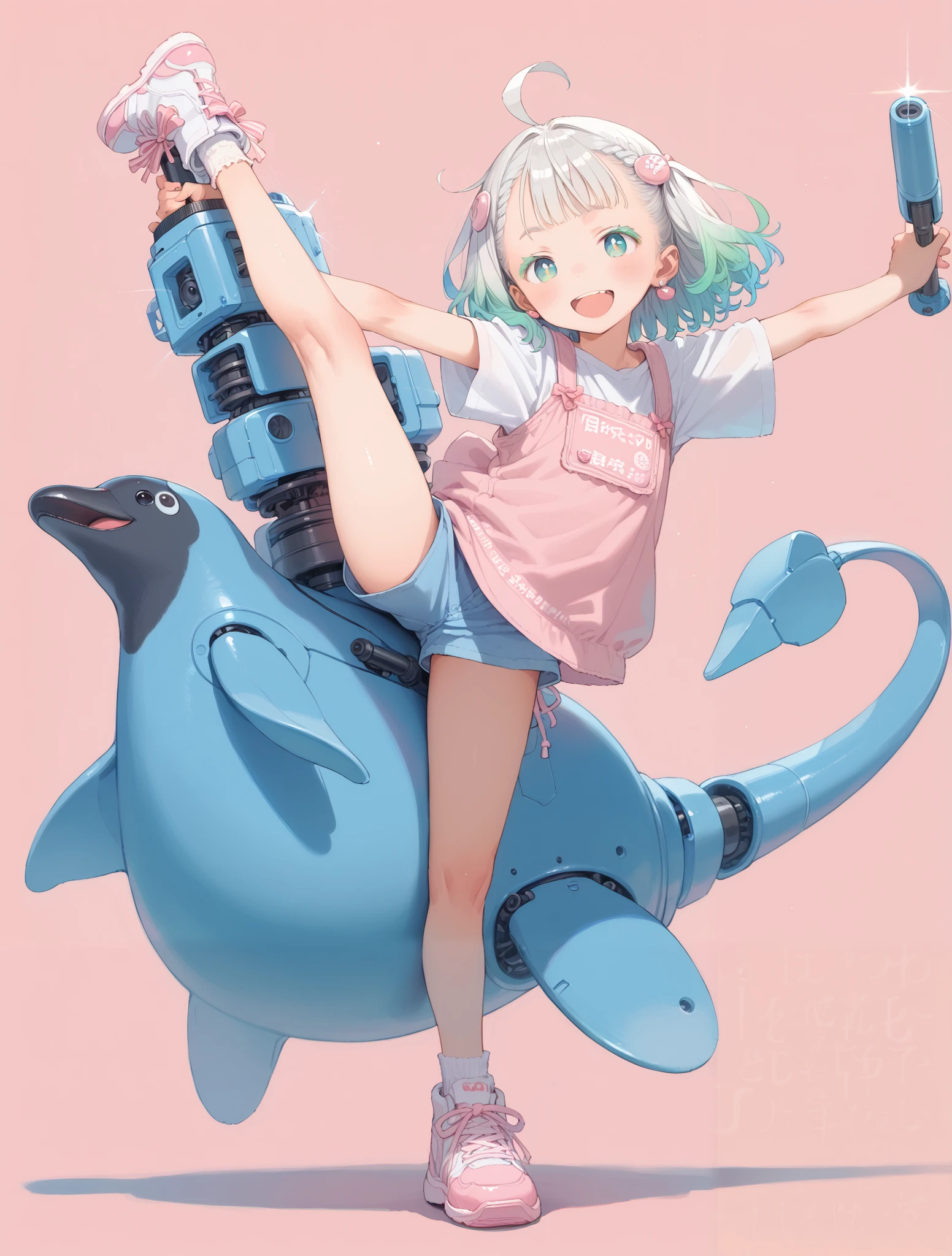 Mechanical Hair Ornament, full-length portrait or statue, Girl with heavy machine on her back, Abatomically Correct, Girl wearing knickerbockers on android legs, full body, Shirt with penguin illustration, Pink Almond Background, Pink Background, Peacock Green Hair, Girl equipped with Rocket Launcher, Masterpiece, The moment the girl is about to kick the ground and fly, Woman with android-like legs, Tachi-e, High Resolution, Character Design, Ahoge, Super Detailed, Modern, Bright Pupils, Earrings, Asymmetrical Hair, Solo, 1girl, Gradient Hair, Very Pretty Lady, Open Mouth, Flexible and Very Nice Body, Smile, Green Hair, Action Painting, Multicolored Eyes, Raised Eyebrows, Colored Eyelashes, Pupils Sparkling, Naughty