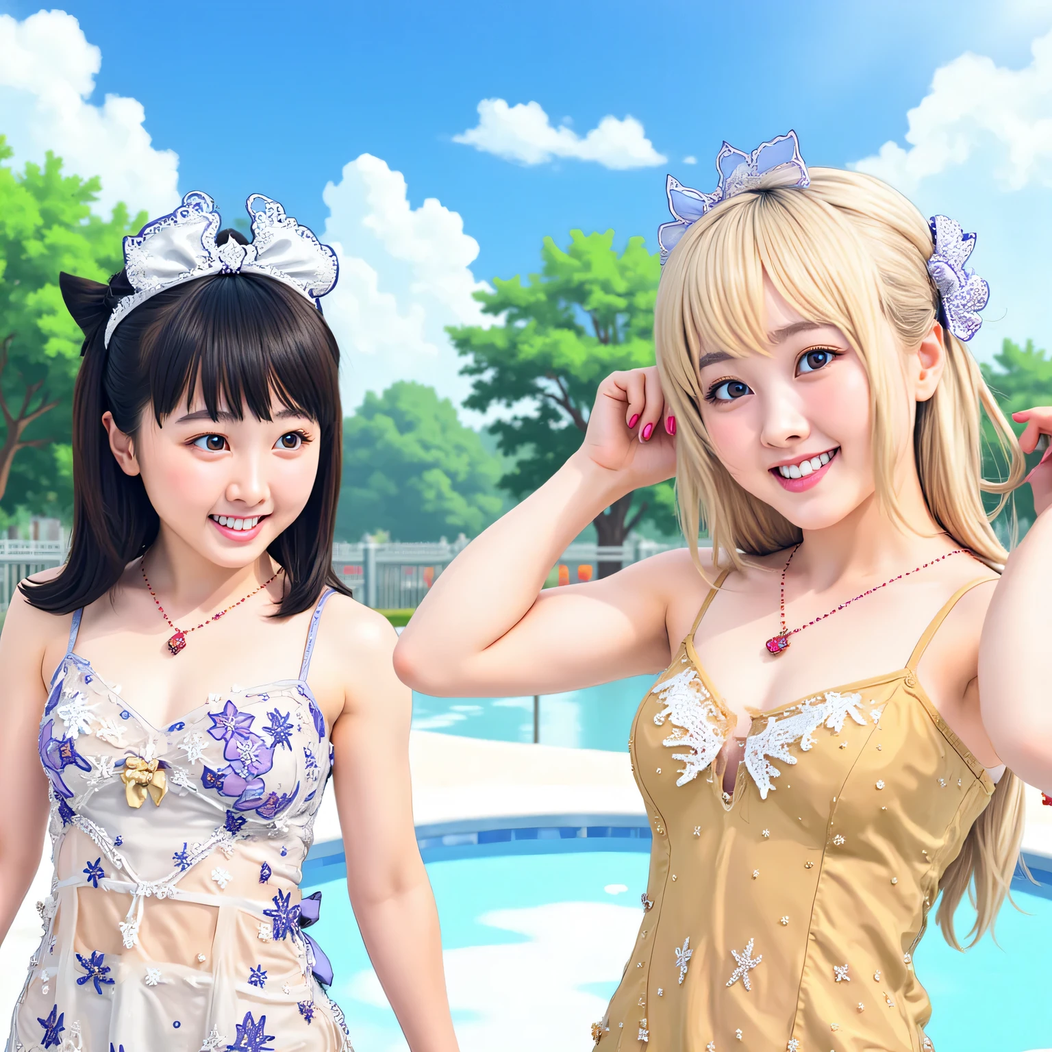 Two girls in bikinis、 elementary school students playing in the park、Hot summer day、 upper body