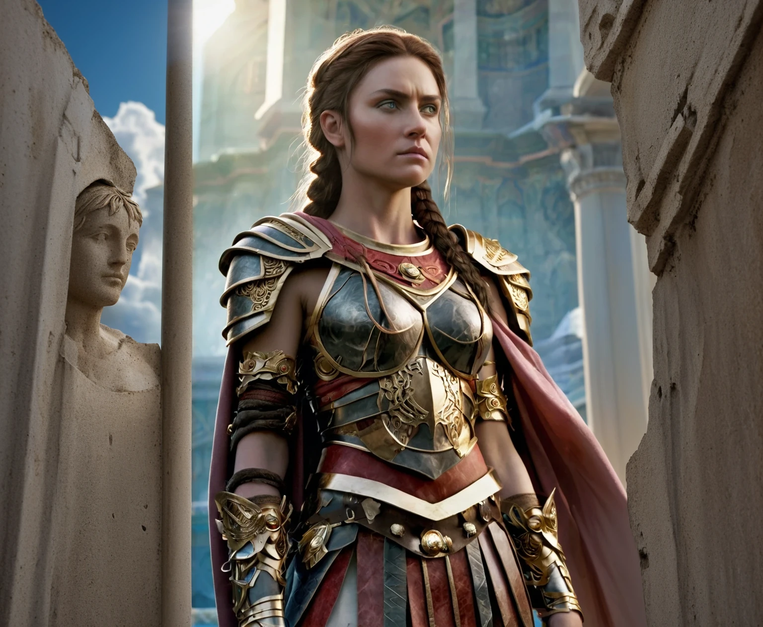 Kassandra, protagonista de Assassin's Creed Odyssey, on the top of a mountain, Appreciating all of Greece watching the sunset with a spear in one hand and a Spartan helmet in the other