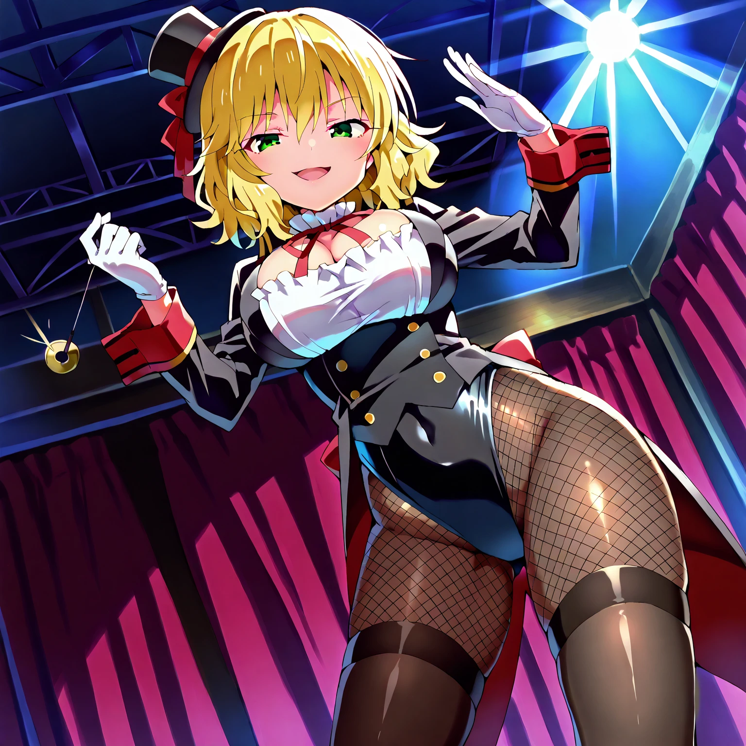 score_9, score_8_up, score_7_up, 1girl and 1 boy, seduce, seductive, girl (looking_down), thighhighs,
breasts, medium breasts, maximum 5 fingers,
blurry background, performing stage, stage light, she is holding a pendulum in one hand \(hypnotist holding a pendulum\), ((holding pendulum)), holding string, perfect hands, one hand up, open mouth, (girl) smirk, (bare hands), standing, contrapposto, masterpiece, high quality, absurd resolution, beautiful hands, thick thighs, ((Dutch angle)), view from below, cleavage
skrmomoka_BB,sakurai momoka, blonde hair, green eyes, bangs, short hair,wavy hair,
black headwear, top hat, black coat, tailcoat, coattails, open coat, long sleeves, neck ribbon, white gloves, black leotard, leotard under clothes, wearing coat over leotard, brown pantyhose, fishnet pantyhose, thighhighs over pantyhose



