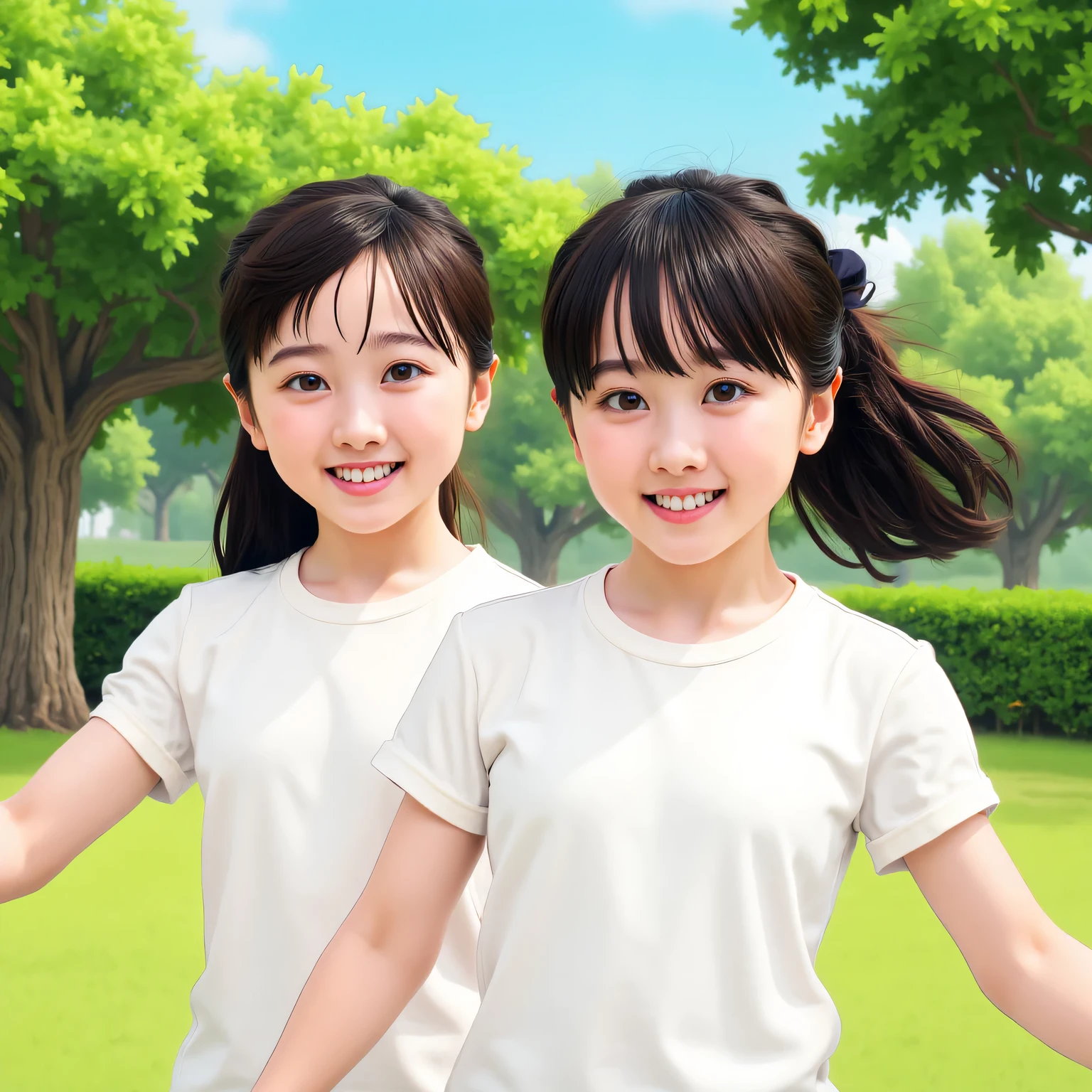 Two girls in white shirts、 elementary school students playing in the park、Hot summer day、 upper body