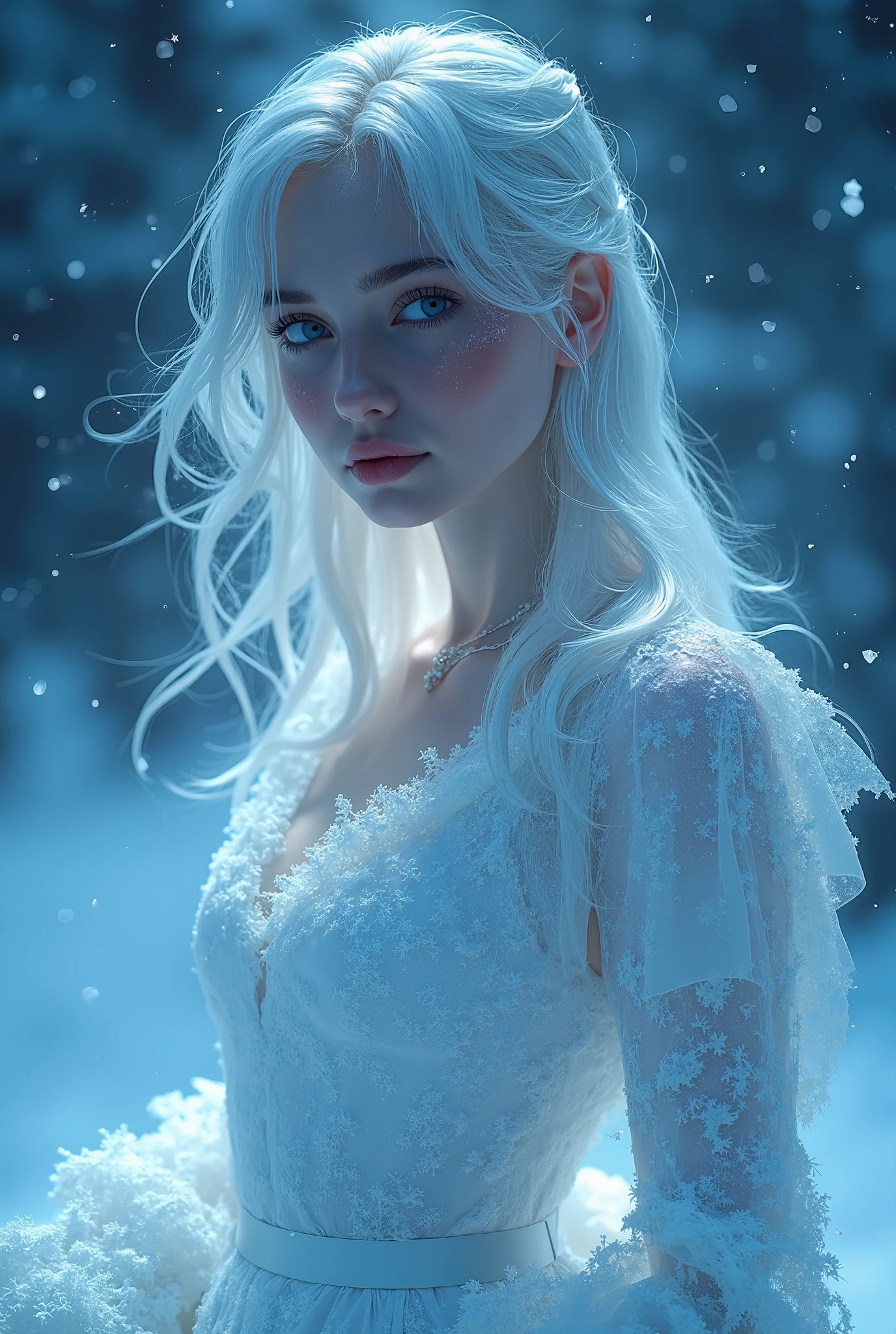 highdefinition images、Pro Work 、Artistic、's greatest masterpiece、 Pretty Ice Girl Illuminated by Strong Light , surreal atmosphere , digital art , Pretty Beautiful Girl from Scandinavia , Detailed texture、 upper body、 A Pale Ice World 、 Snowflakes Scattering 、 Under a Silent Night at Freezing Temperatures 、pure white snow background 、 Icy Sparkling Outfits 、 Clear Skin,、 silver hair, The best beautiful girl、 pretty face、 pale glowing accessories