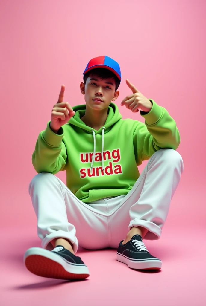  Full from a distance indonesian asian male 28 years old short haired swift sweet handsome macho.  Wears snepbeck hat red blue white ,  wears sweater bright green hooded jacket with name  "URANG SUNDA " with large font ,  wears white cargo pants and wears vans shoes .  Full from afar sitting reclining style finger-pointing nunjuk style in the middle of the studio.  Real pic UHD 64k baground plain bright light pink very bright