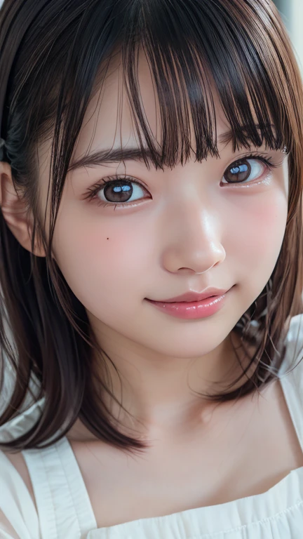 masterpiece, highest quality, 8K, disorganized, (Upper body:1.4), white shirt, beautiful girl, cute face, looking at the viewer, (smile:1.3), surreal, High resolution, photo shoot, film grain, chromatic aberration, sharp focus, HDR, face light, dynamic lighting, cinematic lighting, professional shadow, simple background, (simple background:1.4), most detailed, very detailed, super detailed, finely, real skin, delicate features, detailed face and eyes, sharp pupils, realistic student