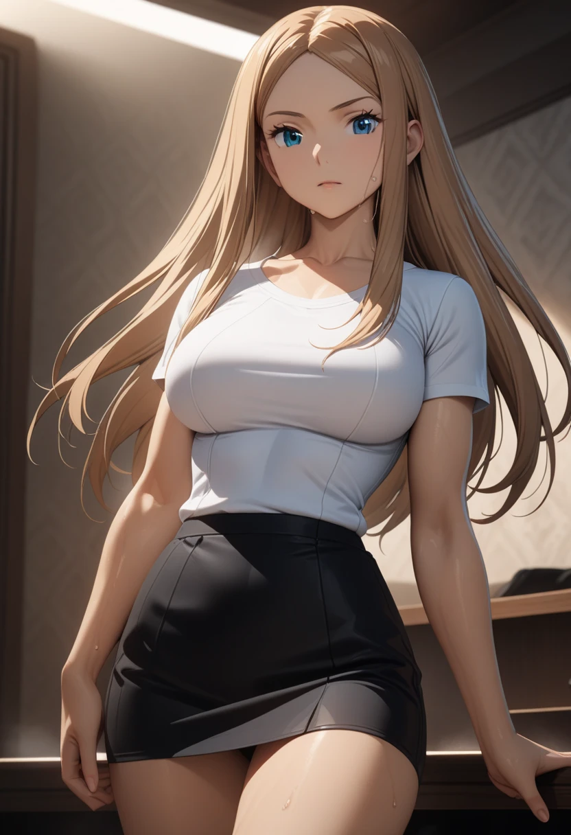 masterpiece,best quality,high resolution,8k,ultra HD,wallpaper,illustration,perfect face,cowboy shot,beautiful detailed eyes,extremely detailed face,perfect lighting,extremely detailed CG,perfect anatomy,perfect body,perfect hands,perfect fingers,1woman,full body,,muscle fighter body,(light brown long hair),blue eyes,large breasts,Medium ass,,(white T-shirt with outer black business suit),black skirt,clothed,,collarbone,,looking at viewer,(),,Steam,sweat, on the bed,(WORLD TRIGGER character Kirie Konami),adult,