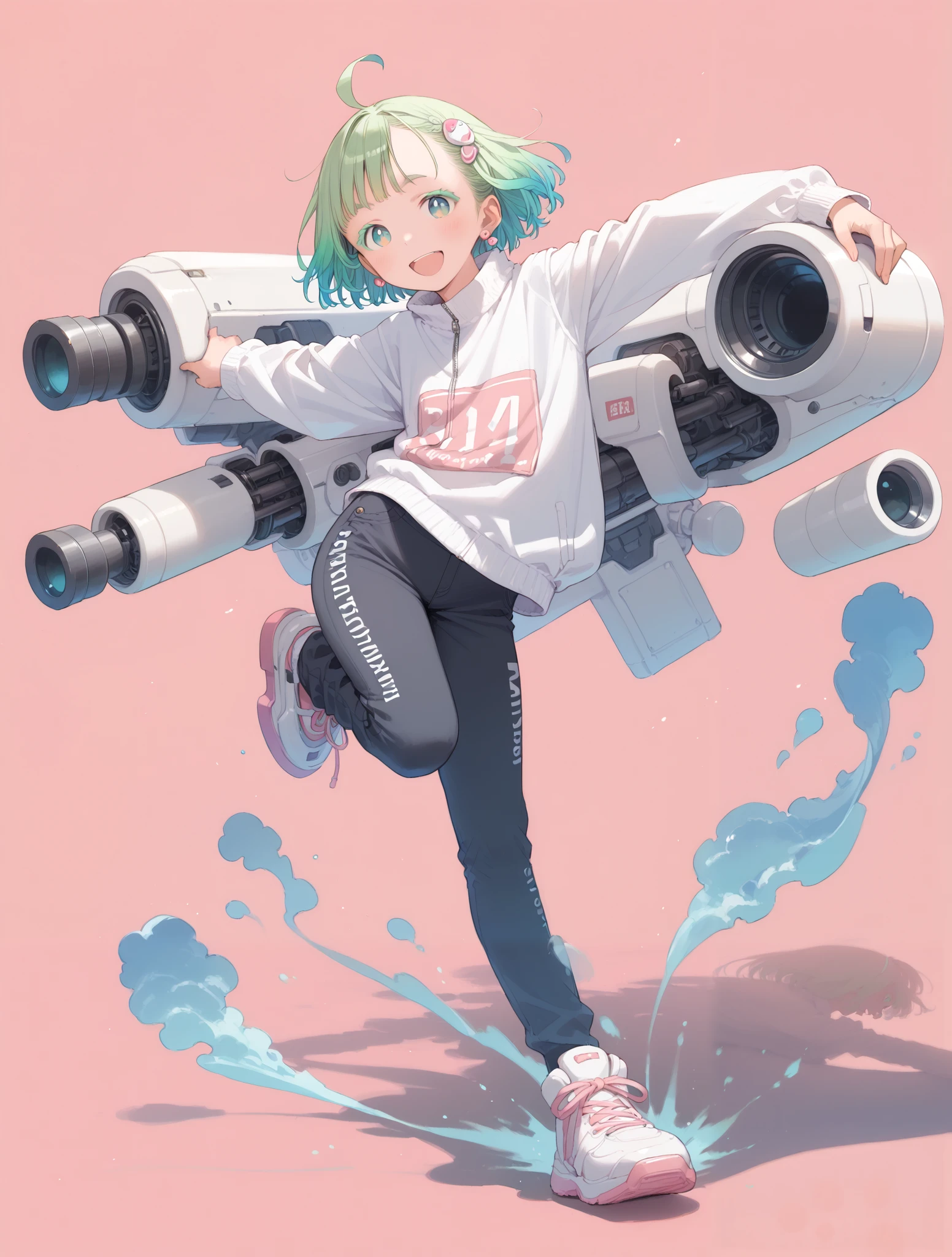 Mechanical Hair Ornament, full-length portrait or statue, Girl with heavy machine on her back, Abatomically Correct, Girl wearing knickerbockers on android legs, full body, Shirt with penguin illustration, Pink Almond Background, Pink Background, Peacock Green Hair, Girl equipped with Rocket Launcher, Masterpiece, The moment the girl is about to kick the ground and fly, Woman with android-like legs, Tachi-e, High Resolution, Character Design, Ahoge, Super Detailed, Modern, Bright Pupils, Earrings, Asymmetrical Hair, Solo, 1girl, Gradient Hair, Very Pretty Lady, Open Mouth, Flexible and Very Nice Body, Smile, Green Hair, Action Painting, Multicolored Eyes, Raised Eyebrows, Colored Eyelashes, Pupils Sparkling, Naughty