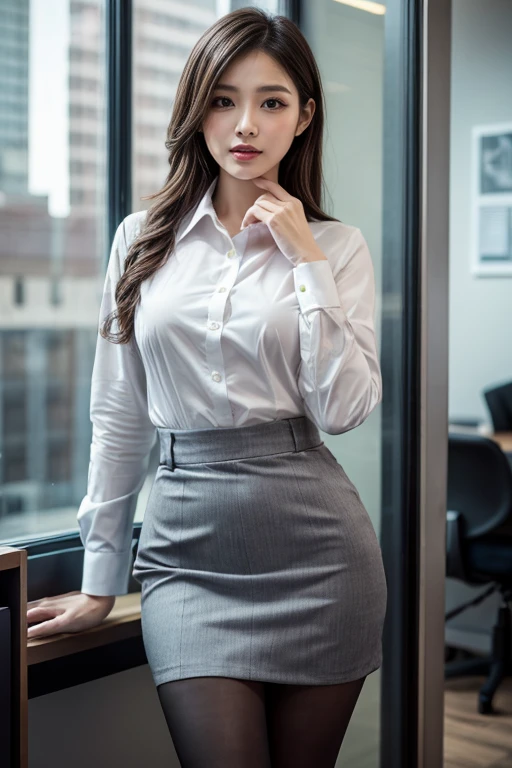 (((full body))) photo of eva as female secretary wearing a buttoned blouse and pencil skirt working in a office seductivly looking into the camera while chaz works in the background, long buttoned blouse, pencil skirt, cleavage, succubus, hair, standing, rim lighting, studio lighting, looking down at the camera, lascivious, dslr, ultra quality, sharp focus, tack sharp, dof, film grain, Fujifilm XT3, crystal clear, 8K UHD, highly detailed glossy eyes, high detailed skin, skin pores, (freckles:0.6), intricate details, highly detailed, sharp focus, professional, 4k, god rays, hand model, petite, delicate, innocent,highres, detailed facial features, high detail, sharp focus, smooth, aesthetic, extremely detailed, photo_\(ultra\), photorealistic, realistic, post-processing, max detail, roughness, real life, ultra realistic