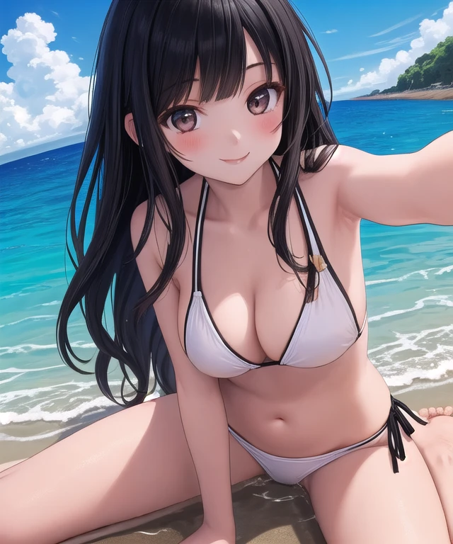 (Masterpiece,  best quality :1.2),  from the side 1 girl , (between legs:1.2), Alone,  long hair, chest,  stare at the viewer,  black hair, belly button,  bikini, water, sand, smile,  is standing,  Beach ,  selfie、 dark hair long hair,大きいchest、
