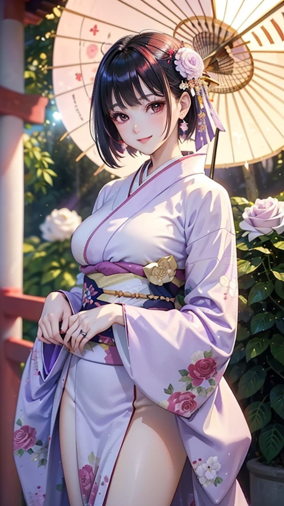 1girl, Solo, masterpiece, ultra HD, a gentle, half-Japanese, half-French young woman with short black hair and matching eyes, dressed in a dark black yukata adorned with purple flowers. She has an innocent appearance, accentuated by a golden flower hairpin in her hair and a single earring on one ear. Her figure is modest, and her serene expression captures a blend of Japanese elegance and French charm, cowboy shot,