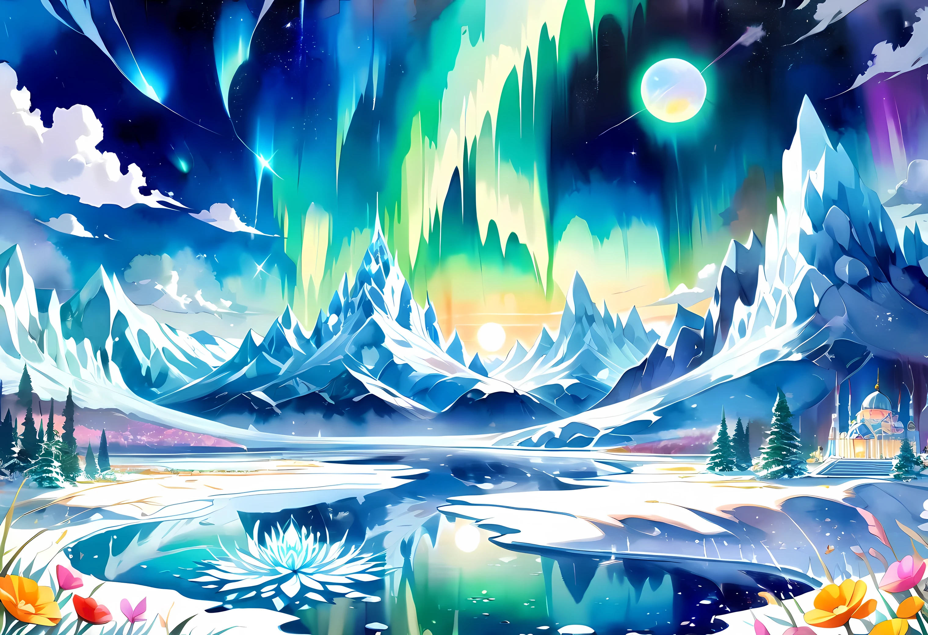 ((( An elaborate watercolor painting depicting a beautiful landscape of a small but fertile oasis on frozen ground))),(((Soul Love ))),(( best quality ,masterpiece:1.5)),(( Paradise-like Colony )),((Dazzling light)),((palace)),(( bluish all over )),( Large Coloured Photons :1.5),( shining flowers ),( pearl white ),(perfect anatomy),( Ultra High Quality),( detailed background),( Artwork),(An elaborate watercolor painting depicting a beautiful landscape of a small but fertile oasis on frozen ground along a waterside with a faint green light ),( sacred),(Great harmony ),(The 々 creatures you depict are beautiful),Desaturated:1.3, rich color palette , Beautiful dreamy lighting , anime style,Snowfield,truth,joy,thank you,comfortable,fair,Elegance,Polite , true strength , full of vitality ,altruism,Beautiful,clean, Soft ,Here and now , Forget Time ,Unadorned ,fun,continuation,iceberg, Aurora,An airship in the distance ,Space Song ,canopy,White Lion 