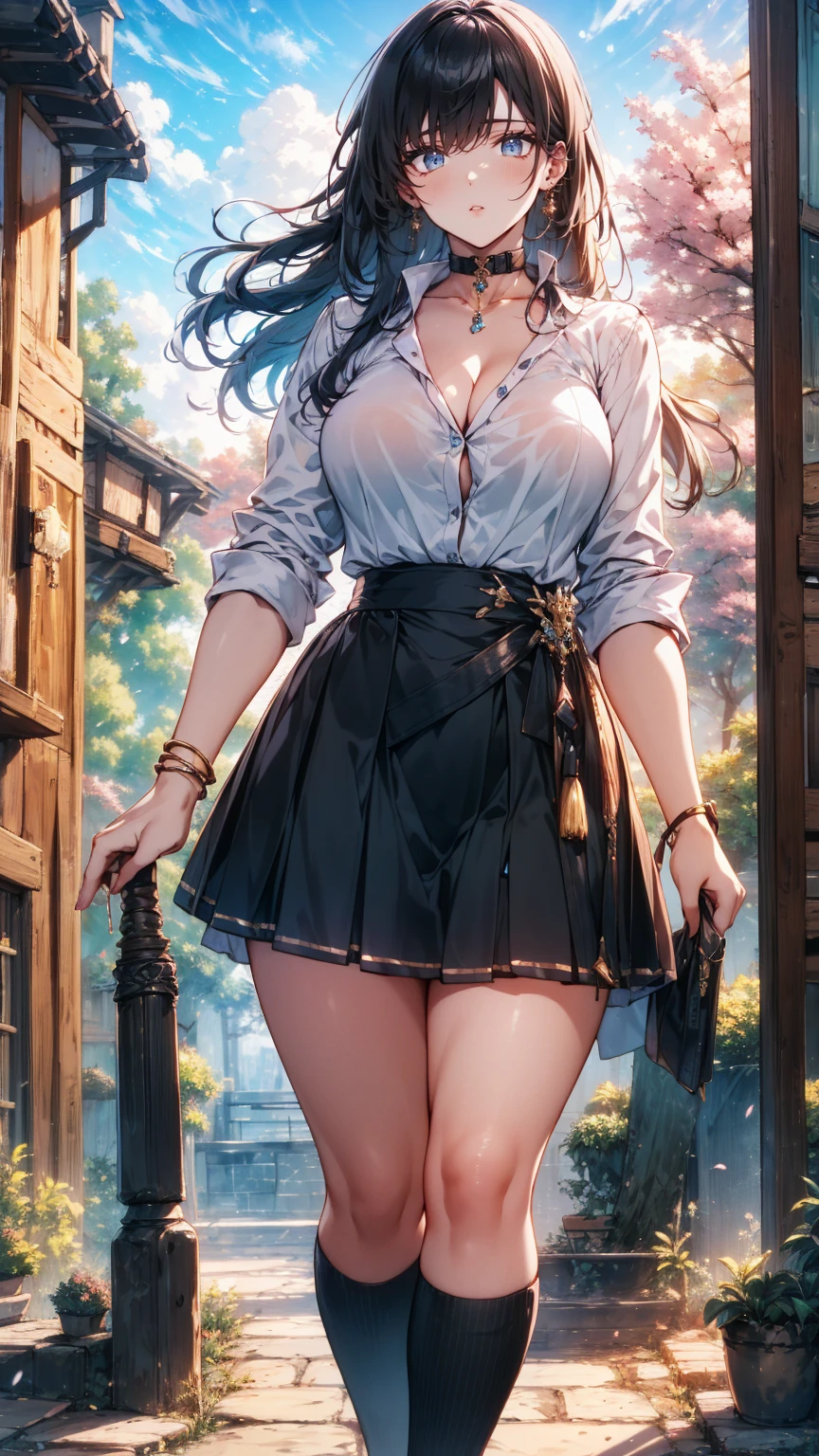 Masterpiece,  best quality , whole body, 1 person, bangs, black  choker , black  ties,  blondes, blue  skirt , ,  bracelet, Chest,  choker , clothes Surrounding Area waist, clavicle, collared  shirt,  cowboy shooting, dress  shirt, ear Earrings,  eyebrows visible through hair,   gradation hair , Green,  that improves white space ,   jewelry, Kogal,  long hair, View your viewers, loose  ties,  ties, Earrings,  check pattern ,  check pattern   skirt , pleated  skirt ,  red eyes, ring,  school uniform,  shirt,  skirt , smile, Alone, white  shirt, street, null,  cherry blossom, petal, woman,  vibrant,  costume, stop temporarily, Front ,  colorful , dynamic, background, element, Be confident,  performance,  holding,  statement ,  accessories, Majestic, Swirl, Surrounding Area, touch, , to attract attention, Impressive, 【Contemporary,  trendy fashion ,Shadowy Face　、 Beautiful Girls、とても cute天使、Pink T- shirt、 cute、*********、smile、ロング skirt 、 Black Long Boots 、.( best quality ,4K, high definition,Masterpiece:1.2), very detailed, realistic:1.37,