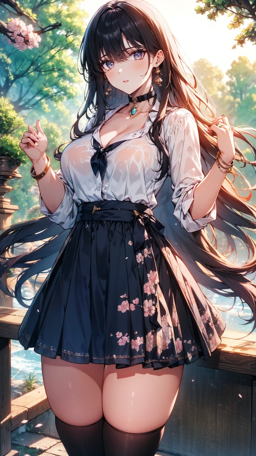 Masterpiece,  best quality , whole body, 1 person, bangs, black  choker , black  ties,  blondes, blue  skirt , ,  bracelet, Chest,  choker , clothes Surrounding Area waist, clavicle, collared  shirt,  cowboy shooting, dress  shirt, ear Earrings,  eyebrows visible through hair,   gradation hair , Green,  that improves white space ,   jewelry, Kogal,  long hair, View your viewers, loose  ties,  ties, Earrings,  check pattern ,  check pattern   skirt , pleated  skirt ,  red eyes, ring,  school uniform,  shirt,  skirt , smile, Alone, white  shirt, street, null,  cherry blossom, petal, woman,  vibrant,  costume, stop temporarily, Front ,  colorful , dynamic, background, element, Be confident,  performance,  holding,  statement ,  accessories, Majestic, Swirl, Surrounding Area, touch, , to attract attention, Impressive, 【Contemporary,  trendy fashion ,Shadowy Face　、 Beautiful Girls、とても cute天使、Pink T- shirt、 cute、*********、smile、ロング skirt 、 Black Long Boots 、.( best quality ,4K, high definition,Masterpiece:1.2), very detailed, realistic:1.37,