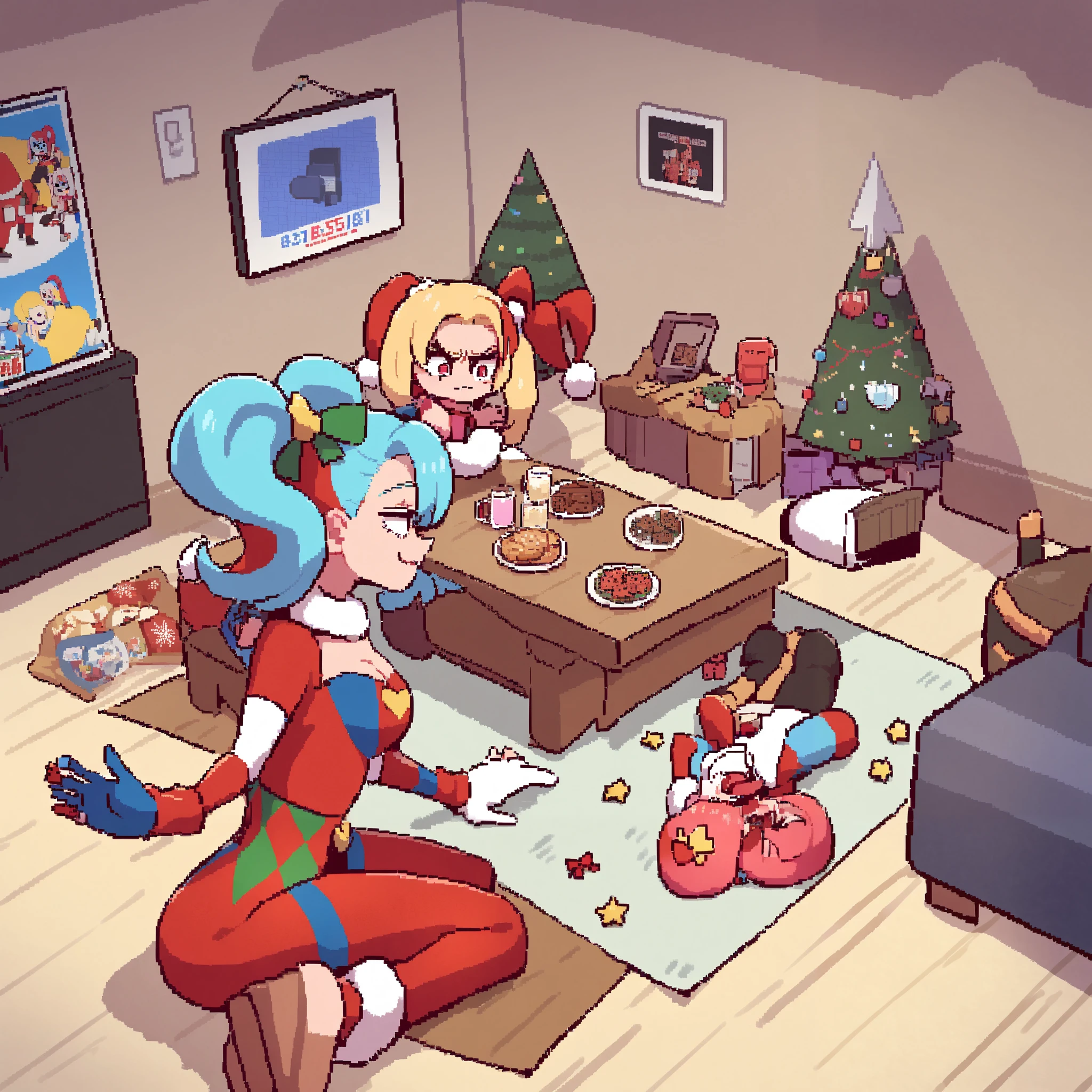 Imagine a SNES game, 8 bit theater, Harley quinn (cute woman, tight jester outfit, big hammer) has just knocked Santa claus unconscious and is acting cute and confused, Christmas living room, b 8it styling and design