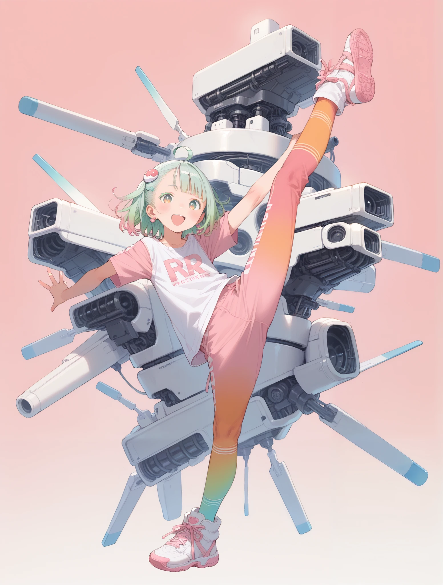 Mechanical Hair Ornament, full-length portrait or statue, Girl with heavy machine on her back, Abatomically Correct, Girl wearing knickerbockers on android legs, full body, Shirt with penguin illustration, Pink Almond Background, Pink Background, Peacock Green Hair, Girl equipped with Rocket Launcher, Masterpiece, The moment the girl is about to kick the ground and fly, Woman with android-like legs, Tachi-e, High Resolution, Character Design, Ahoge, Super Detailed, Modern, Bright Pupils, Earrings, Asymmetrical Hair, Solo, 1girl, Gradient Hair, Very Pretty Lady, Open Mouth, Flexible and Very Nice Body, Smile, Green Hair, Action Painting, Multicolored Eyes, Raised Eyebrows, Colored Eyelashes, Pupils Sparkling, Naughty