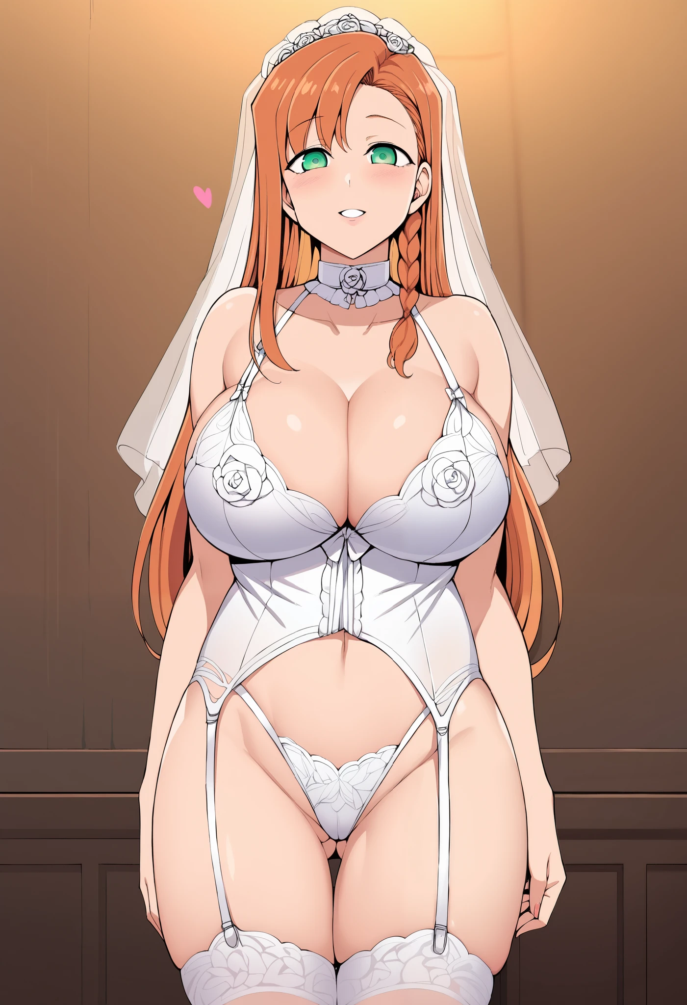 score_9, score_8_up, score_7_up, anime coloring, source_anime, anime screencap, uncensored, (huge breasts, curvy, wide hips, thick thighs,)

1girl, solo, sexy wedding lingerie, wedding veil, cleavage, smile, parted lips, half closed eyes, blush, wedding, cowboy shot, looking at viewer, standing, 

sexy wedding lingerie, wedding veil, cleavage, wedding, 

oikawa yuki, asymmetrical hair, long hair, braid, orange hair, green eyes, empty eyes, heart eyes, collar