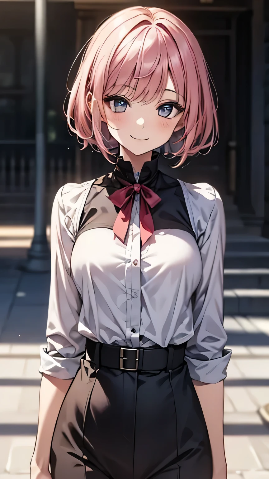  One Girl , Alone,  smiles,  Shortcut, pink hair,   illustration,   high definition,  Same outfit as in the picture,