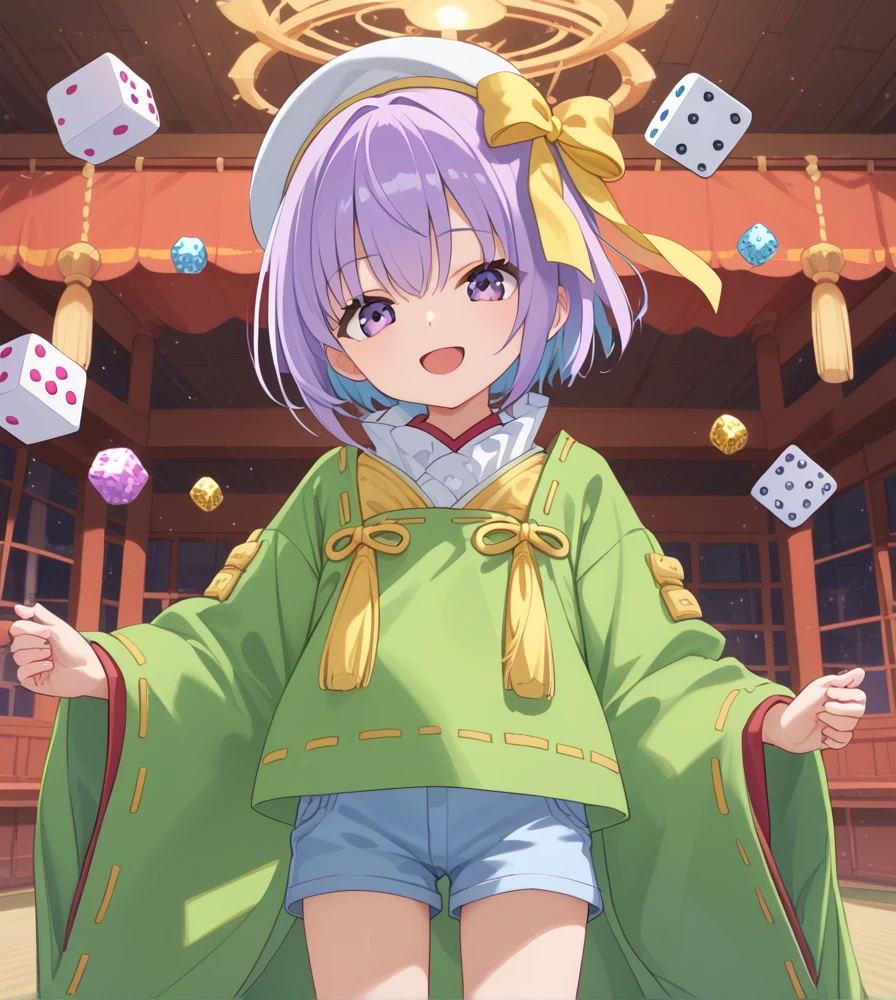 ((masterpiece,best quality:1.2)),Kazuradrop,(((Dice:1.3))),White beret with blue lines:1.2,big smile when,purple hair,purple eyes,short hair,single sidelock,yellow ribbon,green japanese clothes,frills,wide sleeves,long sleeves,light blue shorts